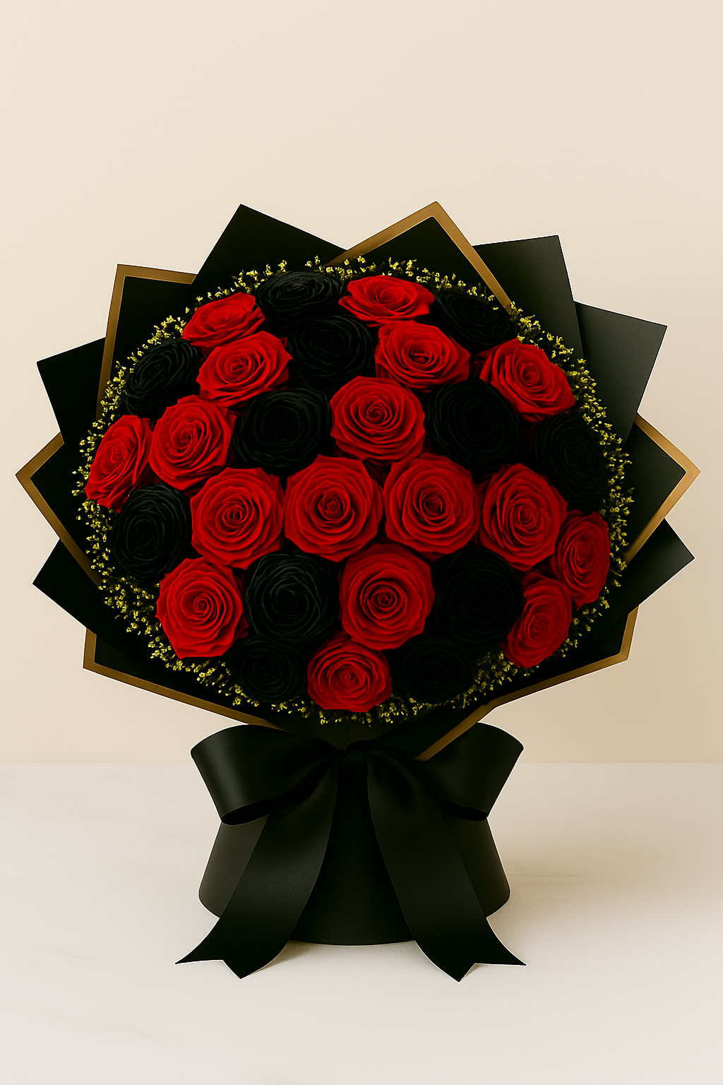 Ramo Negro y Rojo by Latin Lady Luxe - Rosas naturales pintadas de negro con rosas rojas. 50 Roses standard 75 Roses Deluxe 100 Roses Premium