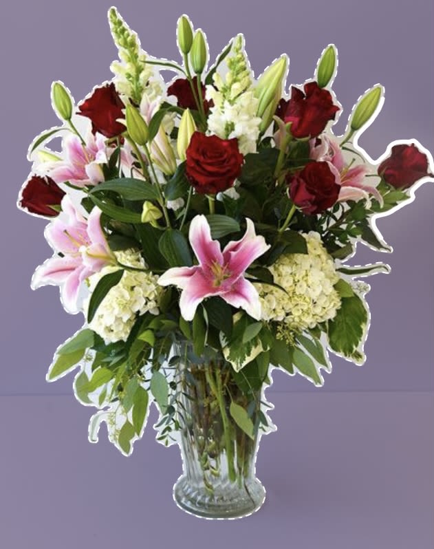 Loving You Forever  - Red roses, stargazer Lillie’s , mini green hydrangeas , snapdragons assorted greens 