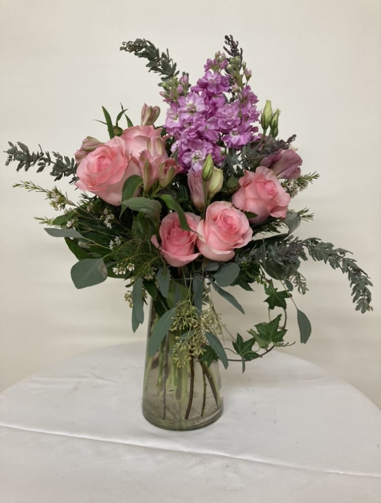 Rhapsody in Pink - Roses, alstromeria, and stock in pinks