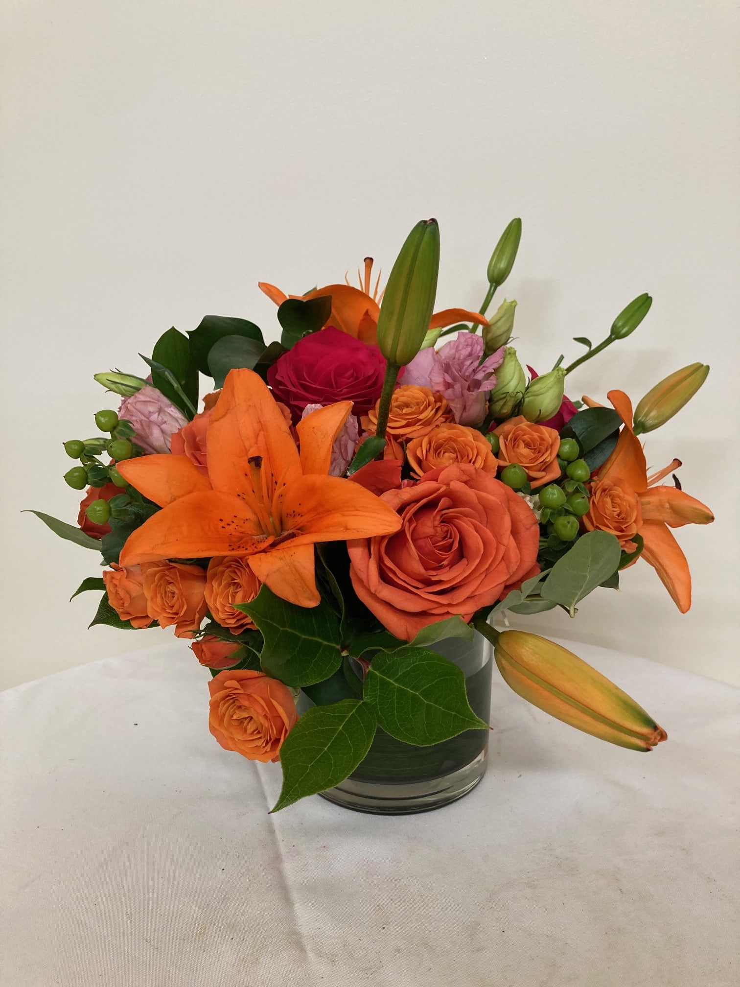 Valentine Sunset - Orange lilies and orange roses, red roses with green