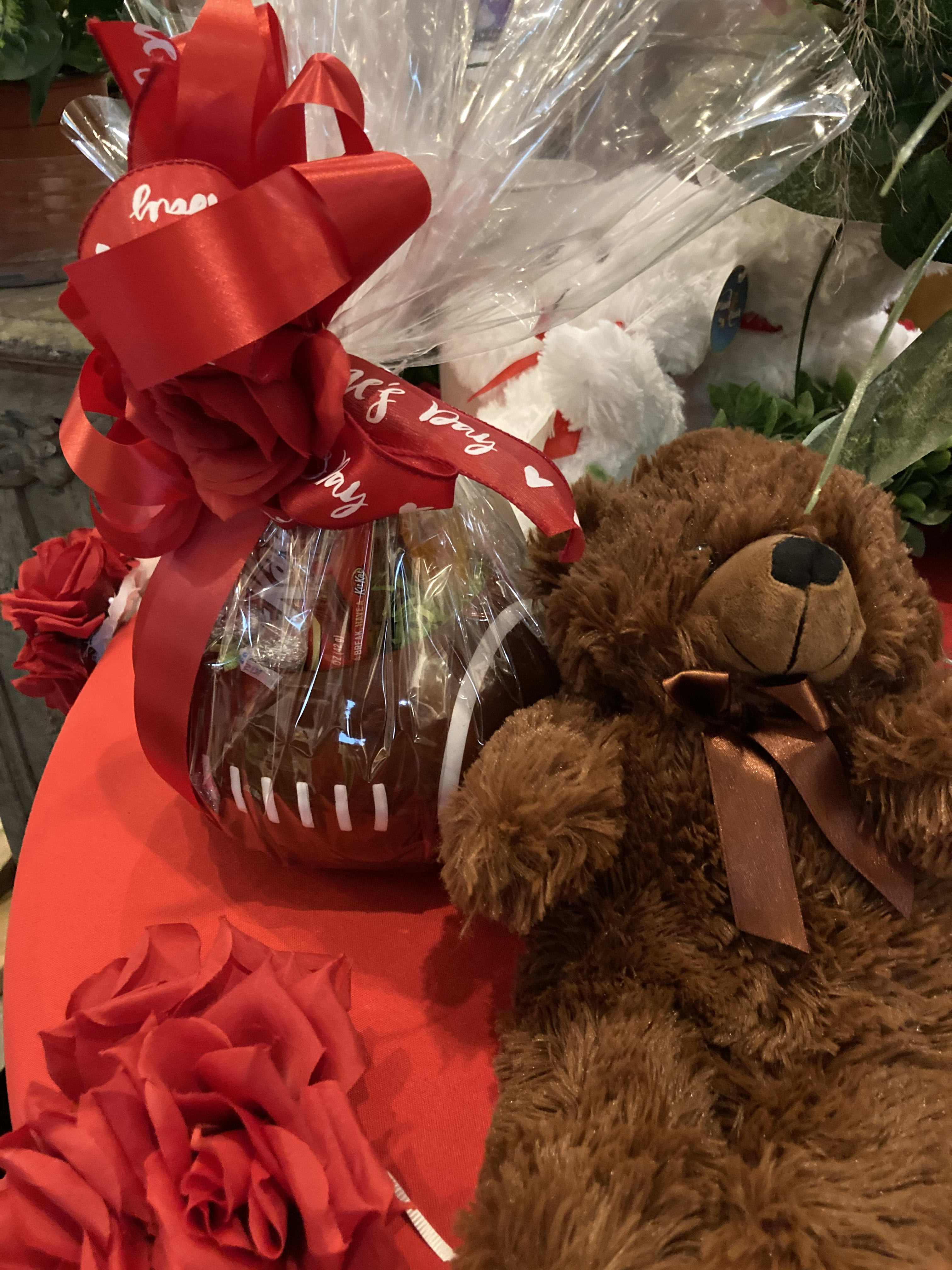 Football Filled with Candy and Bear Gift Basket - Ceramic football filled with candies for your favorite athlete with bear.