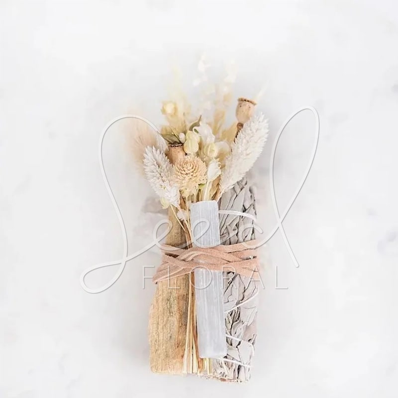 Master Healer Bundle - White Sage Smudge Stick with Selenite Crystal, Palo Santo and Mini Dried Flower Bundle. The bundle with a purpose! Each bundle will vary and is approx 4".   Selenite - cleanses the aura, provides a shield of light, brings a deep peace and sense of tranquility.  Just like people, all mineral crystals are unique - varying in size and shape.