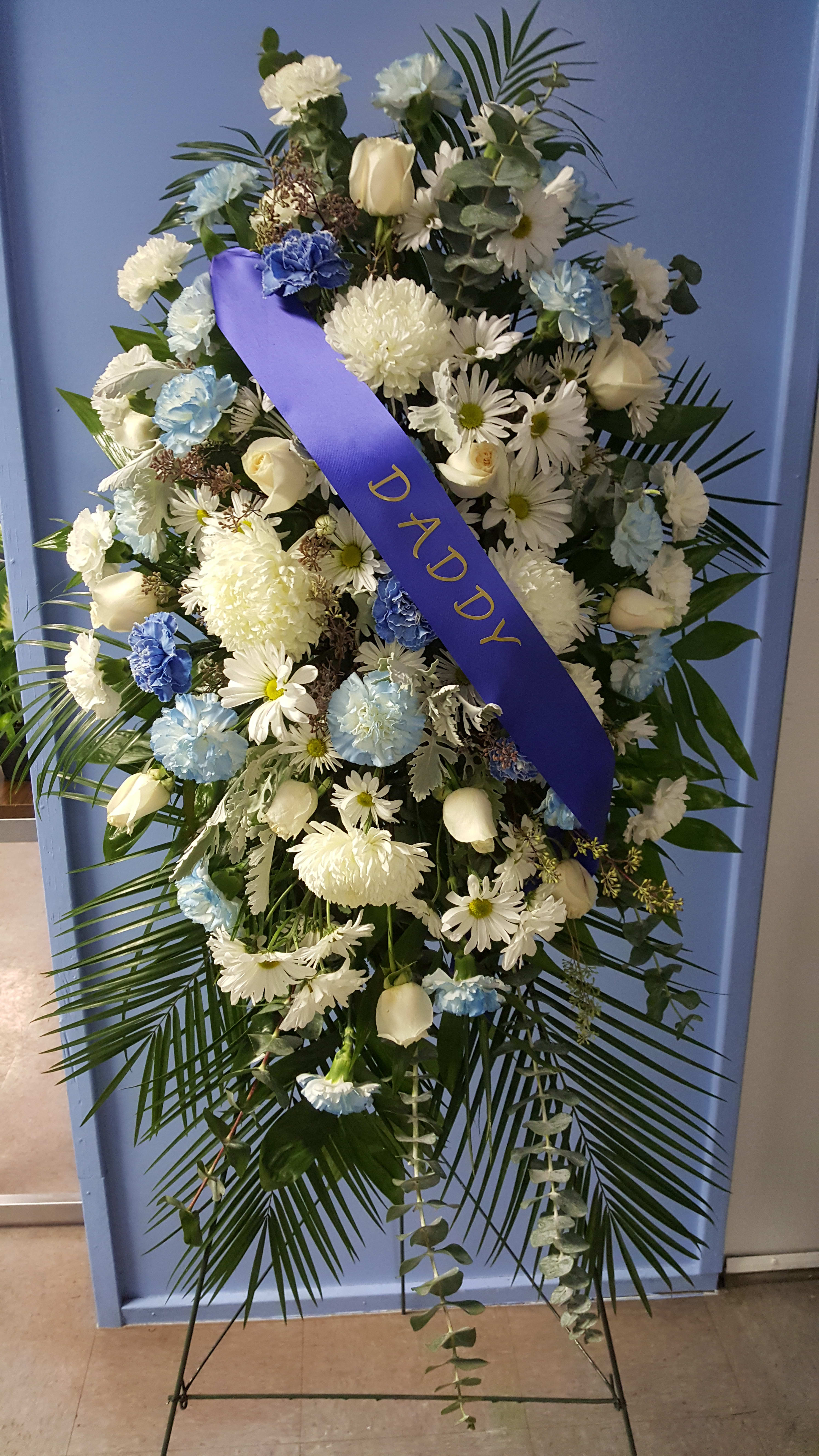 Sympathy Easel  - Made with roses carnations mums seeded euc and an assortment of greenery stands over 5ft 