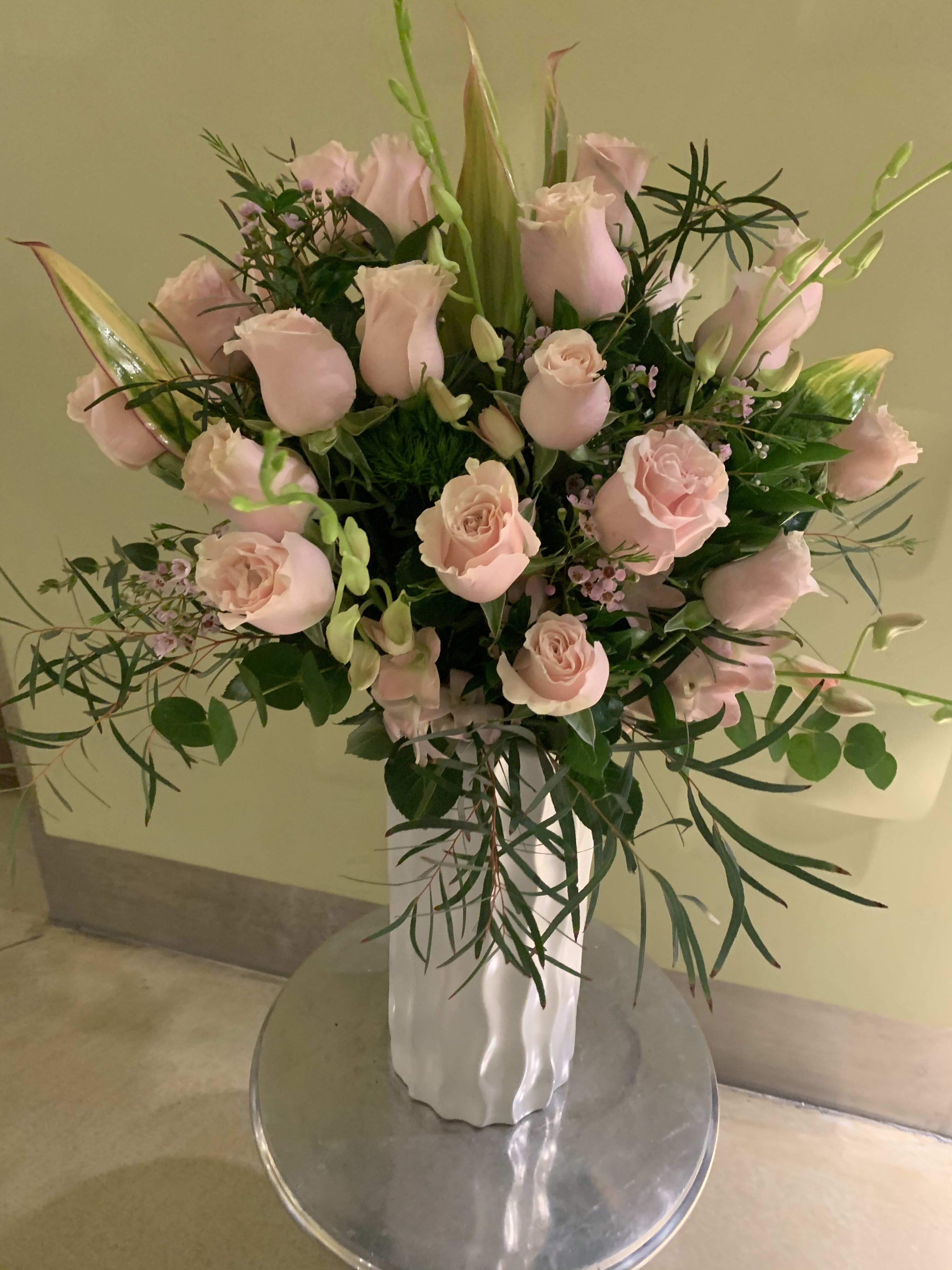 Pink Lady  - 24 Premium pink roses in white ceramic modern vase  arrangement will be approximate  2and half feet tall