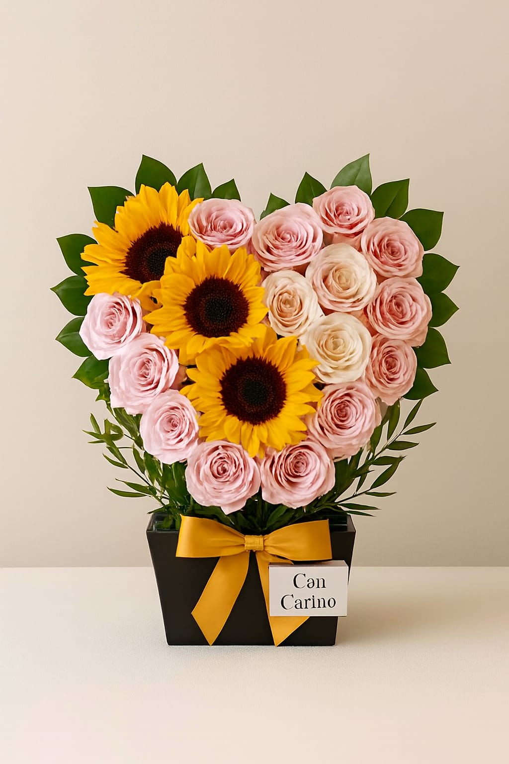 Mi Dulce Corazón by Latin Lady Tradicional - Un corazón floral suave y encantador, diseñado con rosas rosadas y crema que se mezclan de forma delicada, acompañado por un acento de girasoles que aporta luz y calidez. La combinación crea un arreglo dulce, tierno y lleno de vida — perfecto para expresar cariño, agradecimiento o un gesto especial desde el corazón.  A soft and charming floral heart designed with pink and cream roses arranged delicately, complemented by sunflower accents that add warmth and brightness. The combination creates a sweet, tender, and lively arrangement — perfect for expressing affection, gratitude, or a heartfelt gesture. 