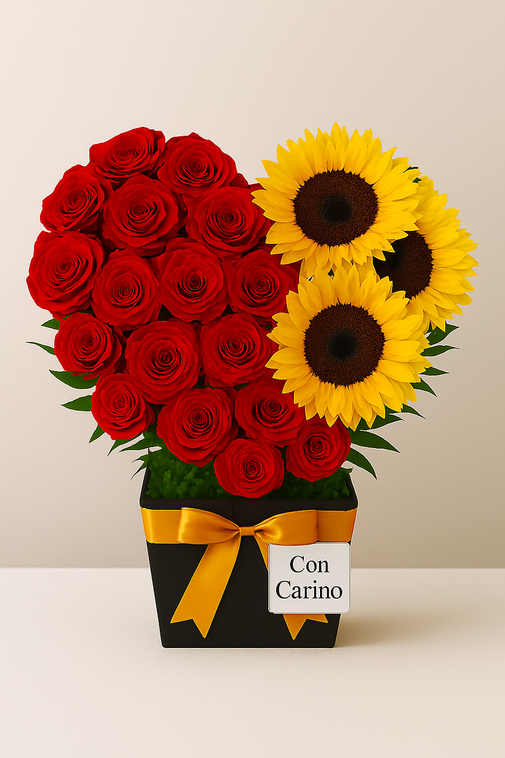 Corazón Iluminado by Latin Lady Tradicional - Un corazón floral lleno de pasión y luz, diseñado con rosas rojas frescas y un acento de girasoles que ilumina un costado del arreglo. La composición crea un contraste cálido y vibrante, como un rayo de sol tocando el corazón. Es un detalle único y significativo, perfecto para expresar cariño, gratitud o admiración.  A floral heart filled with passion and light, designed with fresh red roses and a sunflower accent that brightens one side of the arrangement. The composition creates a warm, vibrant contrast — like a beam of sunlight touching the heart. A unique and meaningful piece, perfect for expressing affection, gratitude, or admiration.  