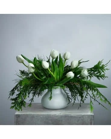 Tulip Tip Toe - Whimsical. Tulip Tip Toe will have you envisioning a walk through the tulip field on a cool winter's day. White tulips are accented by greenery in a low white frosted glass posy vase appropriate for an end table or coffee table. Approximately 22" W X 12.5" H The container for this arrangement may vary, based on availability.  DGTMF-1202