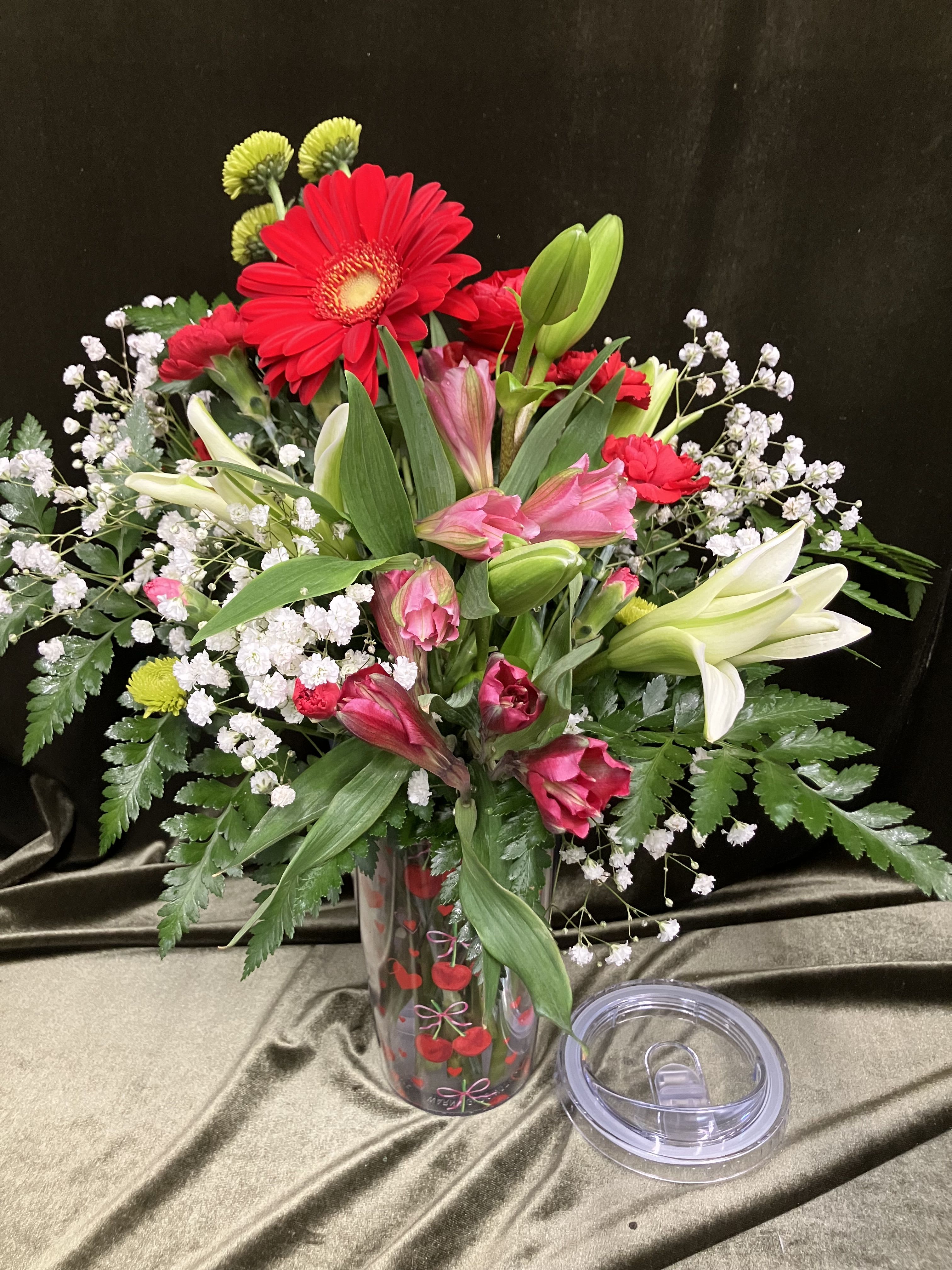 Cherry Tumbler  - Send a cute tumbler decorated with cherries! Bright red and pinks are perfect for the valentines holiday 