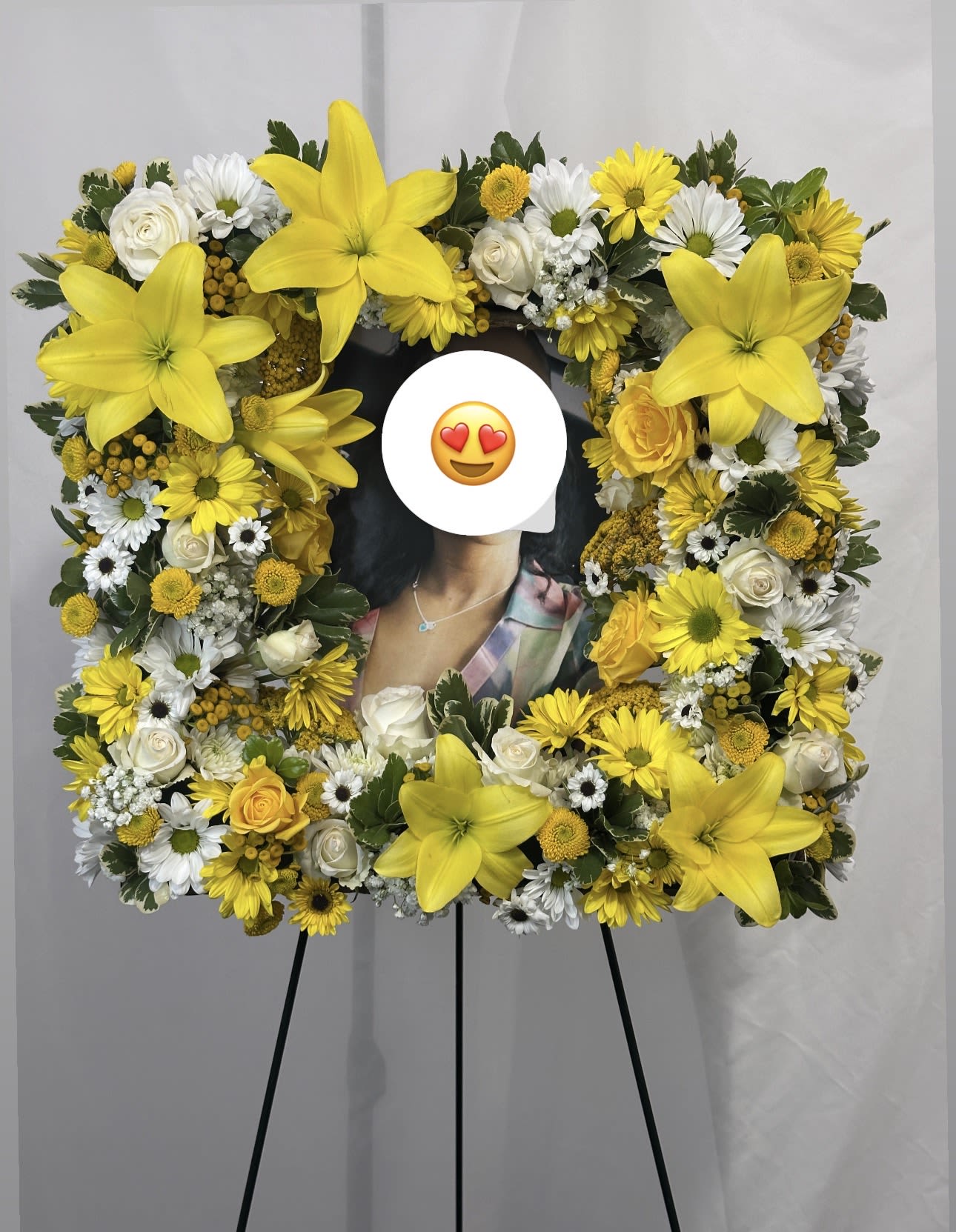 Sympathy Frame Easel  - Remembrance flower (photo) frame standing arrangement including Yellow Oriental Liles, white poms, yellow &amp; white Roses, yellow Daisies, Yellow Button Poms, white macro Daisies and yellow Solidago 