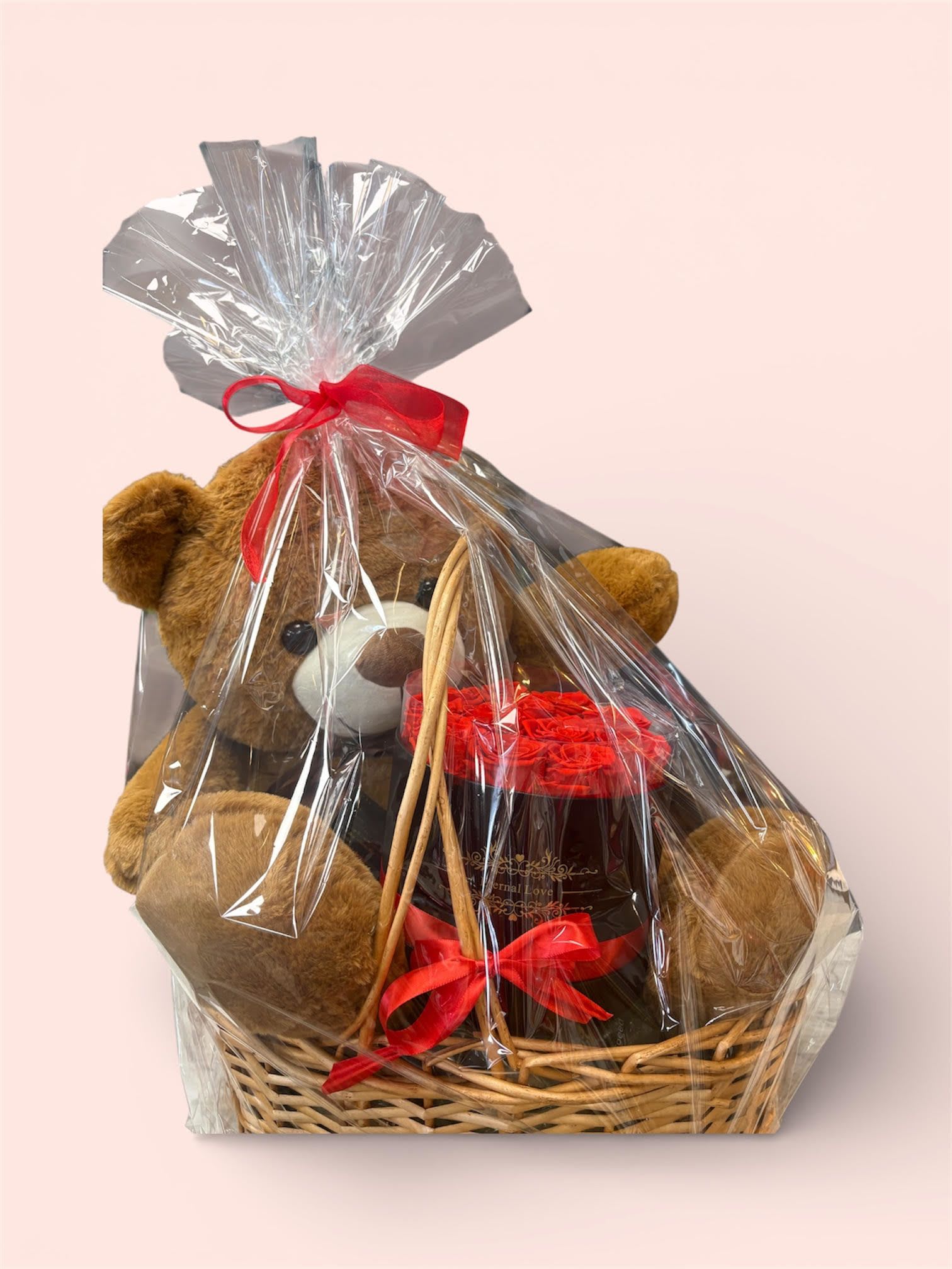 A Sweet Bundle of LOVE / 32in X-Large Teddy Bear &amp; Preserved Roses in a Basket - 32in Teddy Bear &amp; Preserved Dozen Roses in a 18in Basket