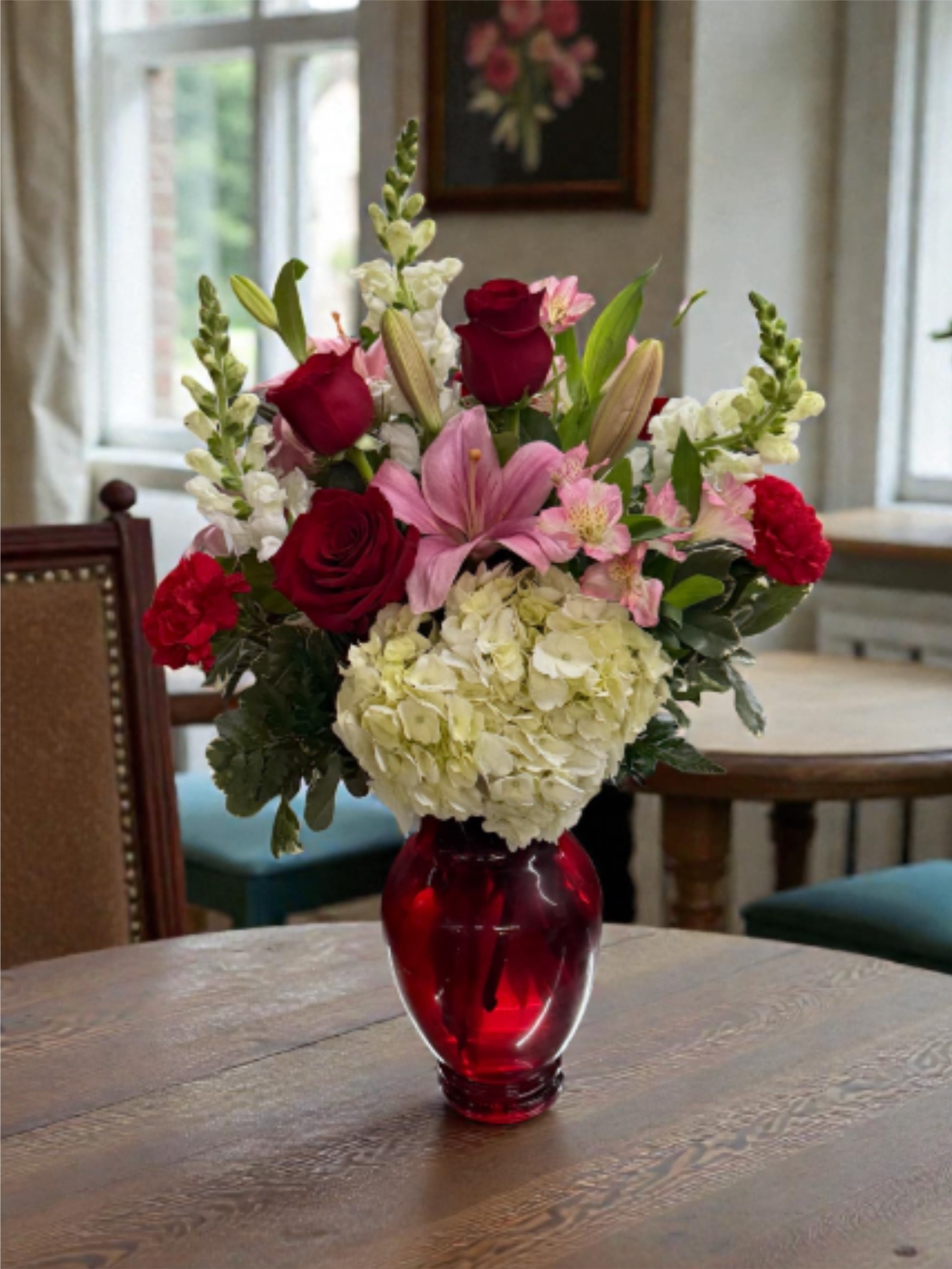 All My Love - A lovely vase arrangement showcasing lilies, snapdragons, roses, alstroemerias, and hydrangeas.