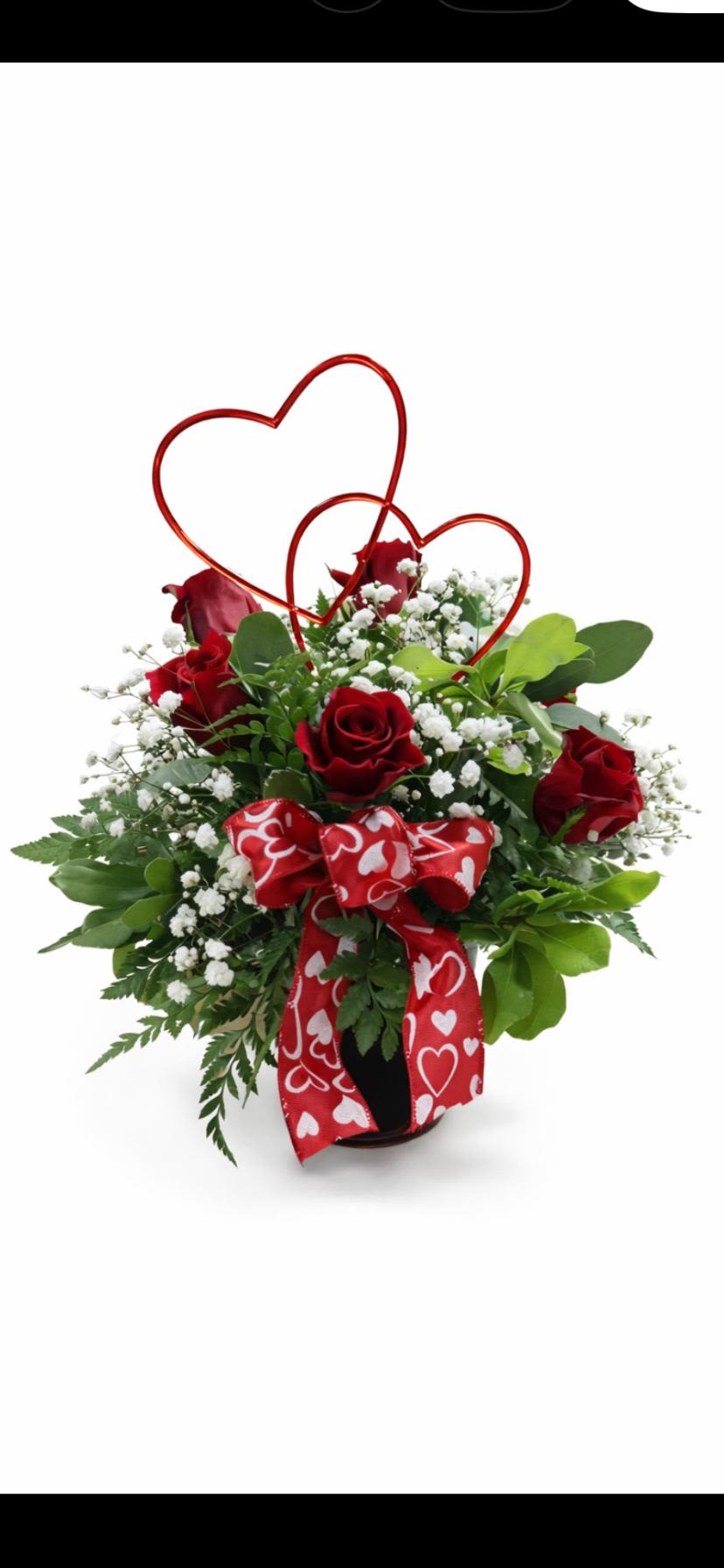 Sweetheart bouquet #200 - A red glass cube filled with roses,  babies breath, a red ribbon and a double red heart