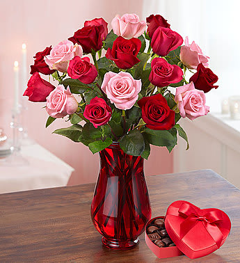 Enchanted Rose Medley - 18 red, pink and hot pink roses in Red Vase &amp; with Chocolate.