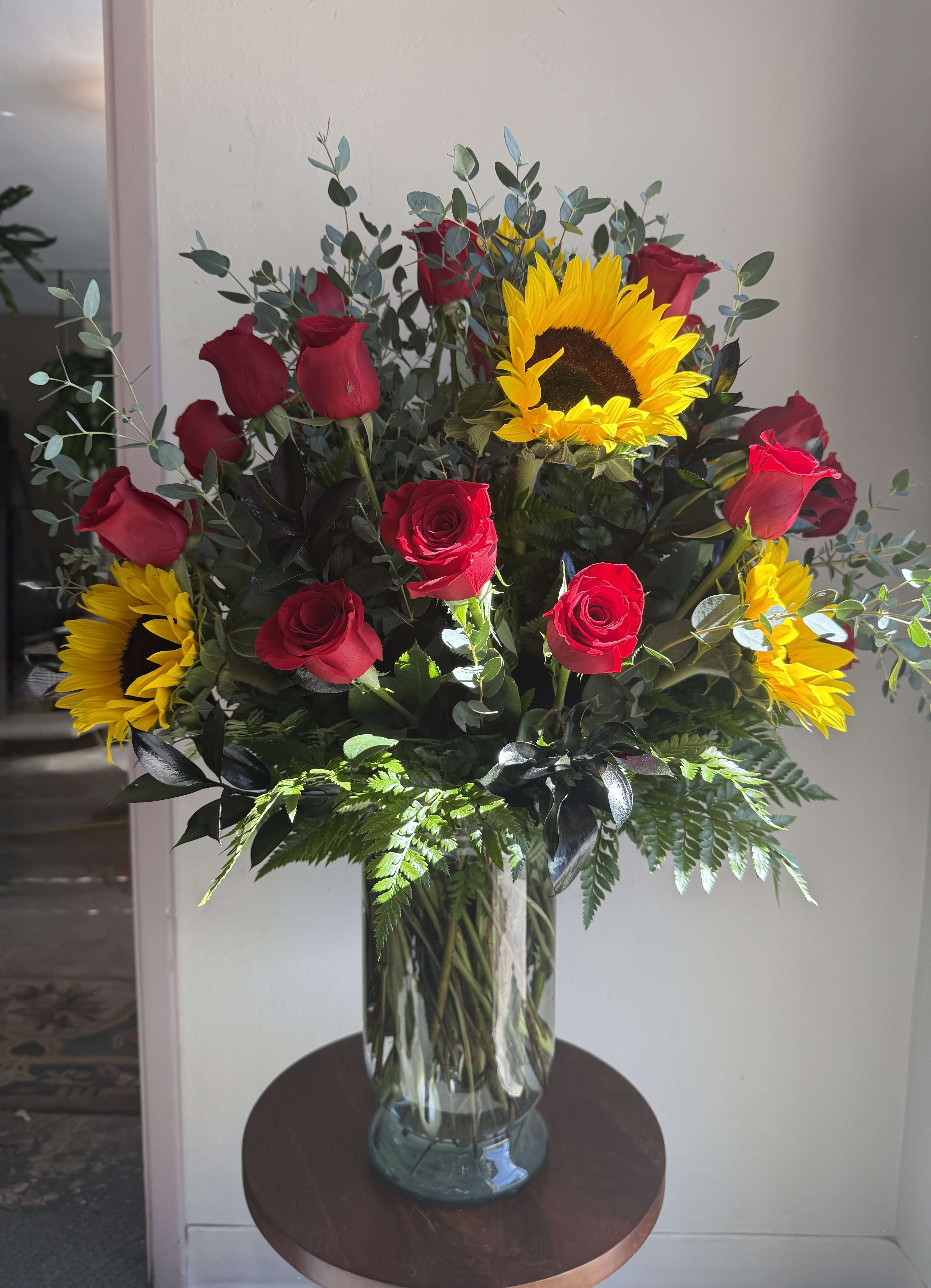 Roses &amp; Sunflowers - Two Dozen Red Roses &amp; Sunflowers