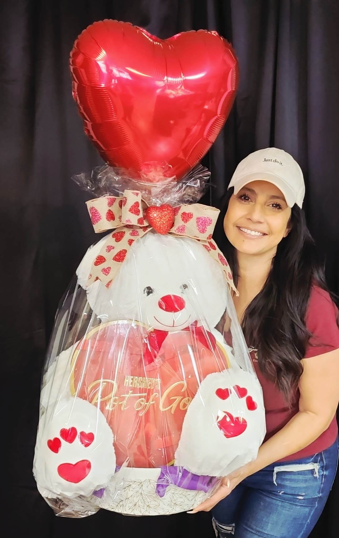 White Bear  - White 40" bear with giant Hershey's chocolate heart box &amp; balloon 