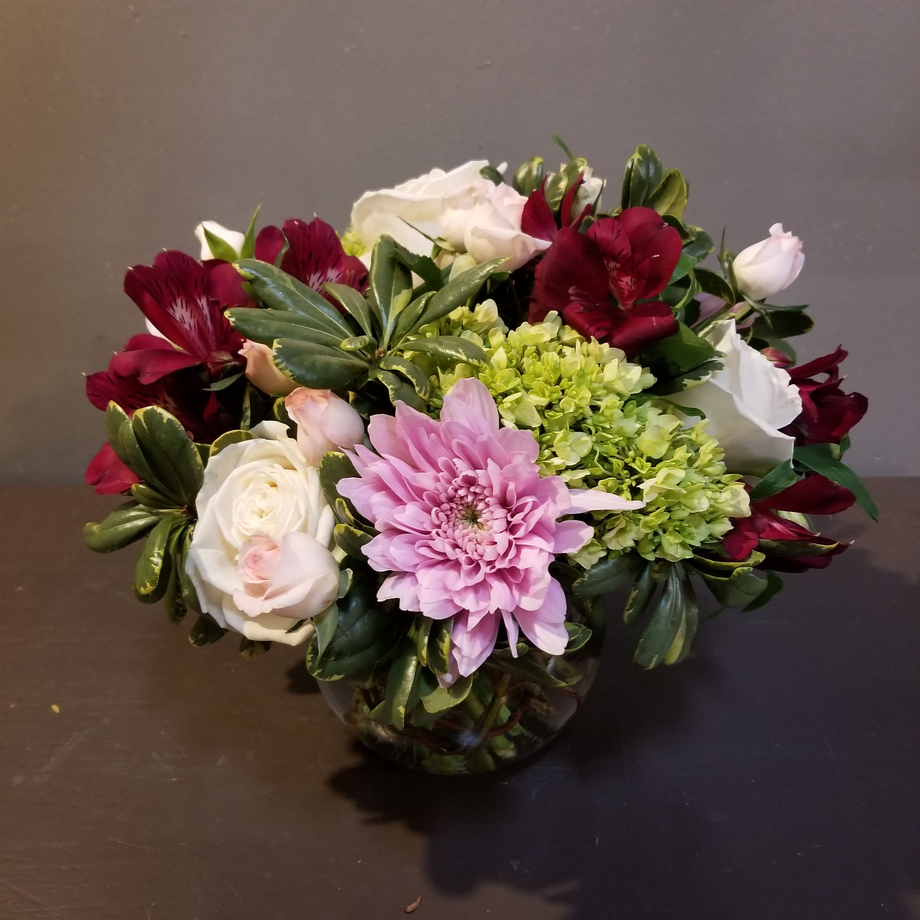 #BeMyValentine - A soft bouquet to really brighten your day!  Measures approx. 12"Tx14"W and arrives in a glass bowl.