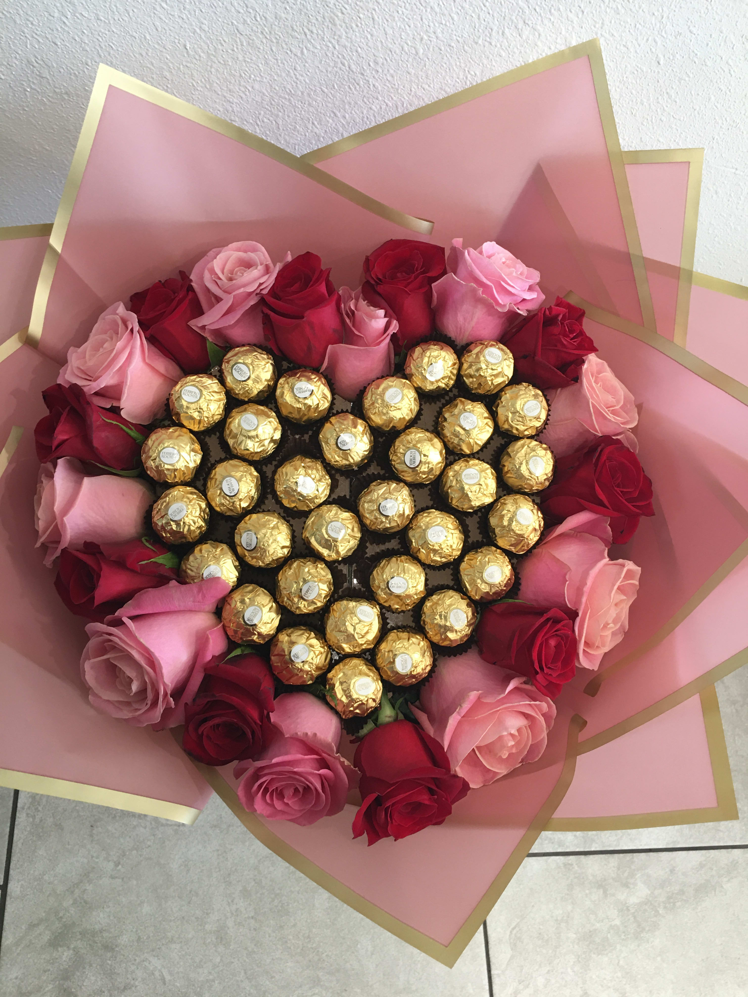 Candy Heart (Red &amp; Pink) - Ferrero Rocher Chocolates designed surrounded with red and pink roses.