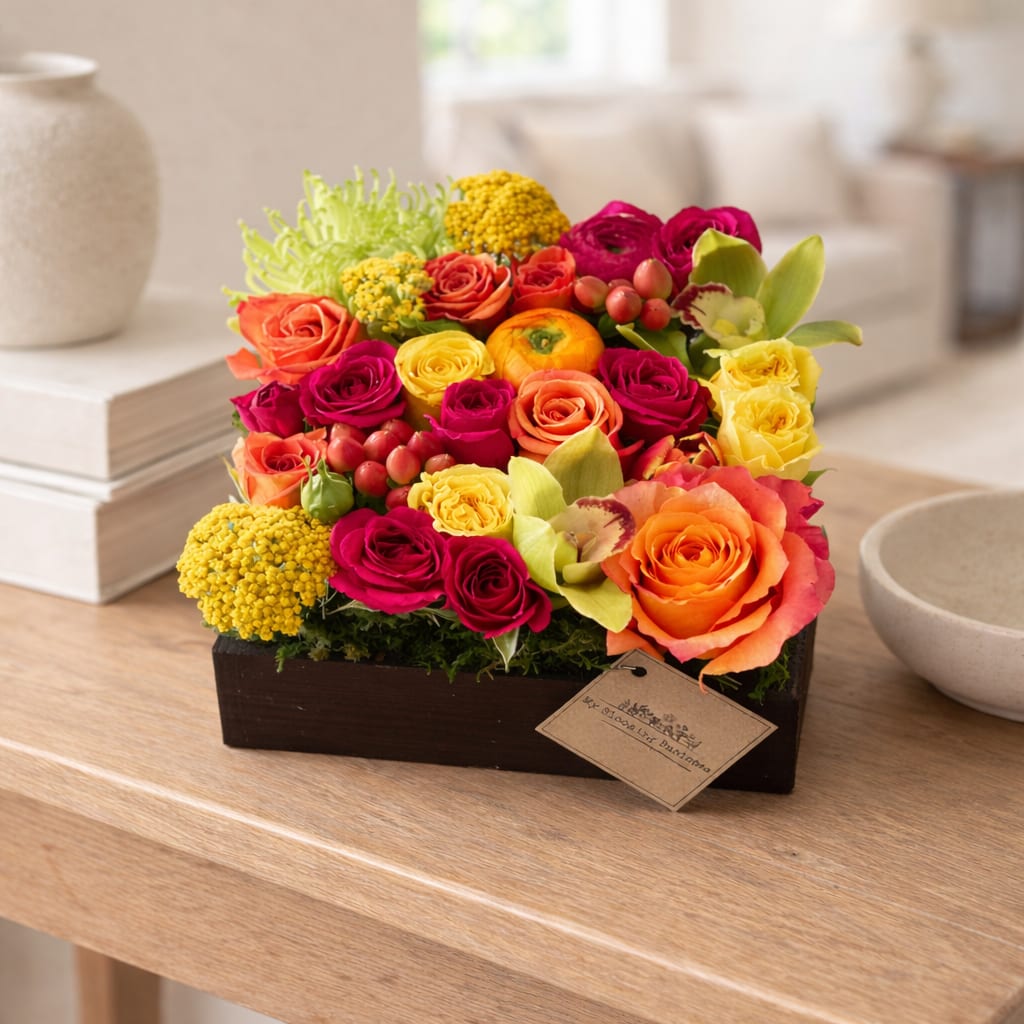 Fairy Tail  -  Once upon a time, in a world filled with boring floral arrangements, there came a box of blooms that was anything but ordinary. Ladies and gentlemen, gather 'round and let me introduce you to the marvelous Fairy Tale!  Box is 7"L x7"W x3"H  (picture shows premium size) Arrangement is approximately 9" high Blooms: roses, spray roses, tulips, freesias, cymbidium orchids, dianthus, clover, ranunculus,    