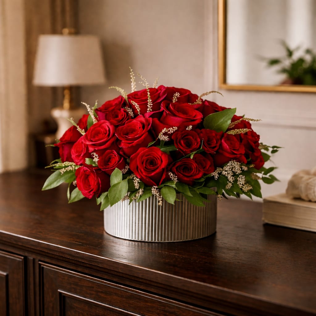 Simply Red - Simply Red by My Blooming Business is a timeless floral arrangement inspired by the charm of old Hollywood and the eclectic flair of Melrose Avenue. Designed in a vintage-style zinc container, this lush arrangement overflows with rich red roses, soft filler blooms, and fresh greenery—creating a romantic and classic silhouette.  Perfect for anniversaries, love notes, or adding a bold touch to your space, Simply Red   captures the spirit of Los Angeles with every bloom. Handcrafted in Eagle Rock, we offer same-day flower delivery across Los Angeles, including the San Fernando Valley and San Gabriel Valley.  Top rated florist on Yelp, Google, BloomNation, and Floom.