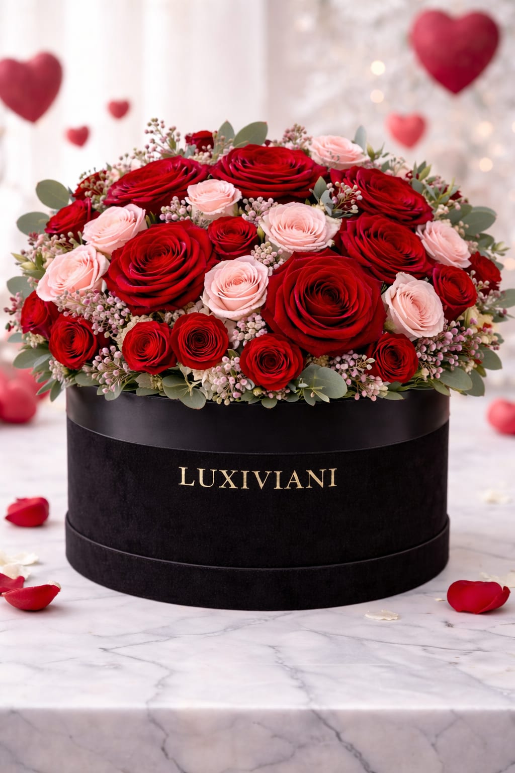 The Luxiviani Amour Box - Make an unforgettable statement with The Luxiviani Amour Box. This romantic arrangement features premium red and blush roses artfully designed with delicate accents and lush eucalyptus, all nestled inside our signature black velvet hat box adorned with the Luxiviani name. Rich, elegant, and timeless, this design is perfect for expressing love, passion, and sophistication on Valentine’s Day or any special moment.  Designed to impress. Curated with intention.