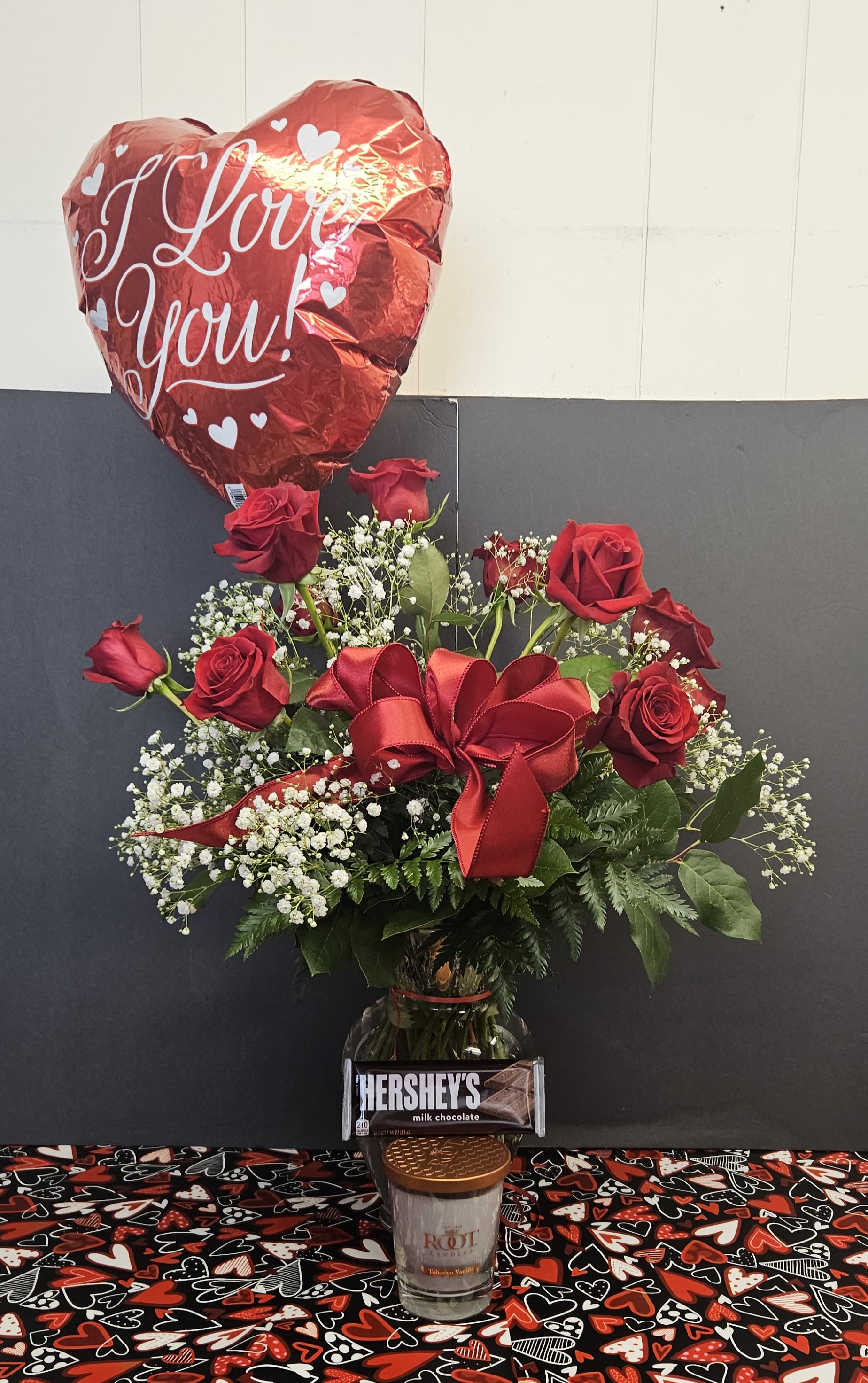 Love Bundle 4 - Dozen Roses with Baby's, Root Candle and Hershey's Chocolate