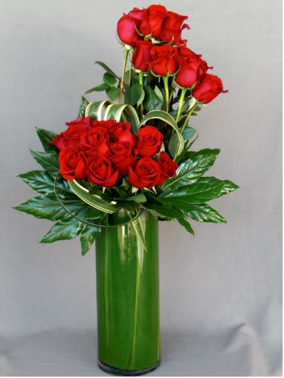 Classic Red - This Valentine's Day, reach for one of our beautiful designs! Forget predictable bouquets and prepare to witness jaws drop when you unveil two dozen magnificent long-stem red roses, each bloom a crimson promise of adoration reaching for the city lights. Imagine these breathtaking beauties, a symphony of passion in scarlet silk, standing tall and proud in a captivating arrangement, ready to declare your love. This masterpiece isn't just a bouquet; it's a love story written in flowers, reaching sky-high to conquer your sweetheart's heart.