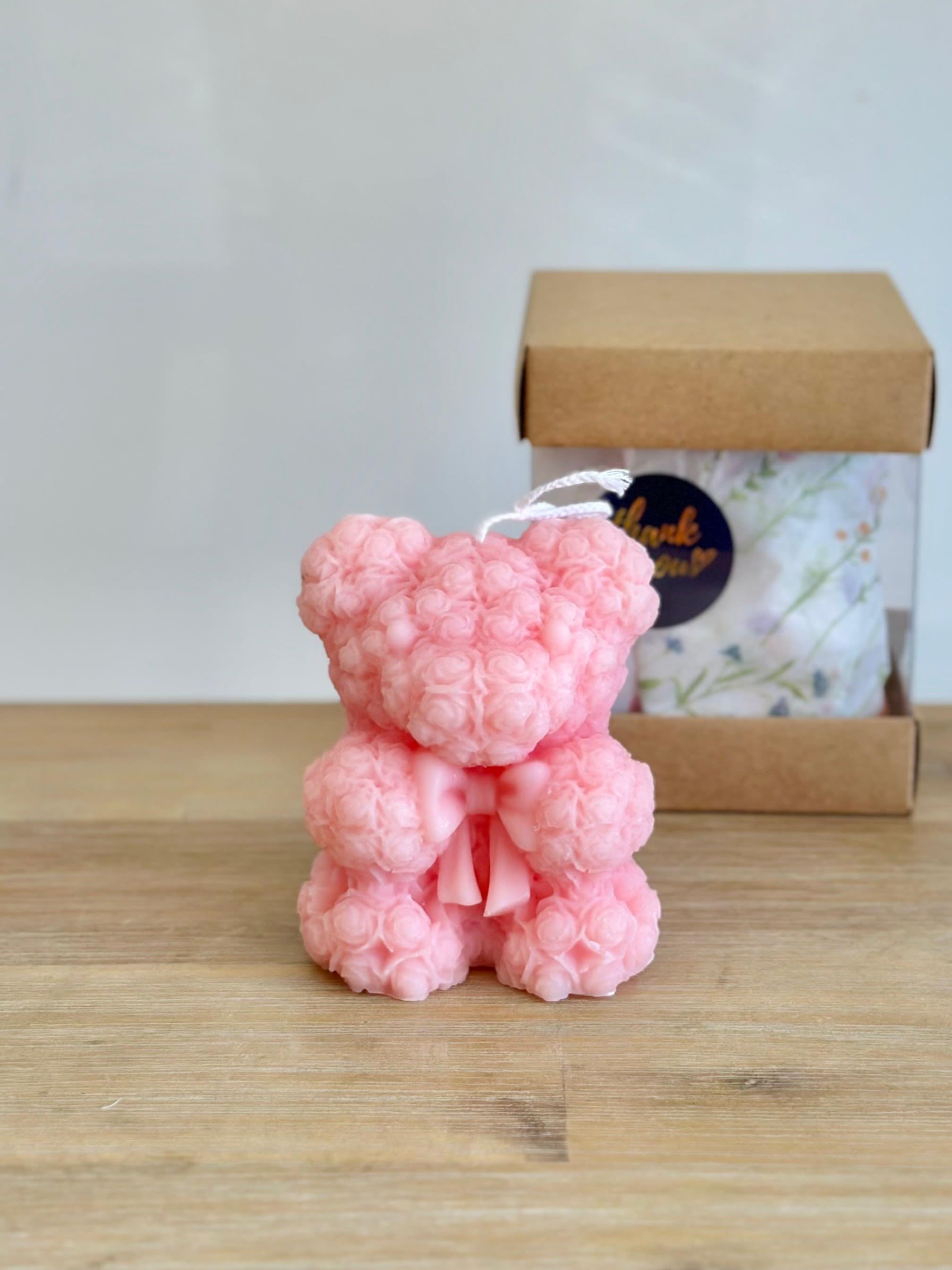 Teddy Bear Candle Pink - A handmade teddy bear candle crafted from delicate rose-shaped wax details. Perfect gift for all.  Candles are available in Pink, Green, Red, Lavender, and Blue. Please leave your color preference in the order notes.  The candle comes packaged in a box. Shades may slightly vary.