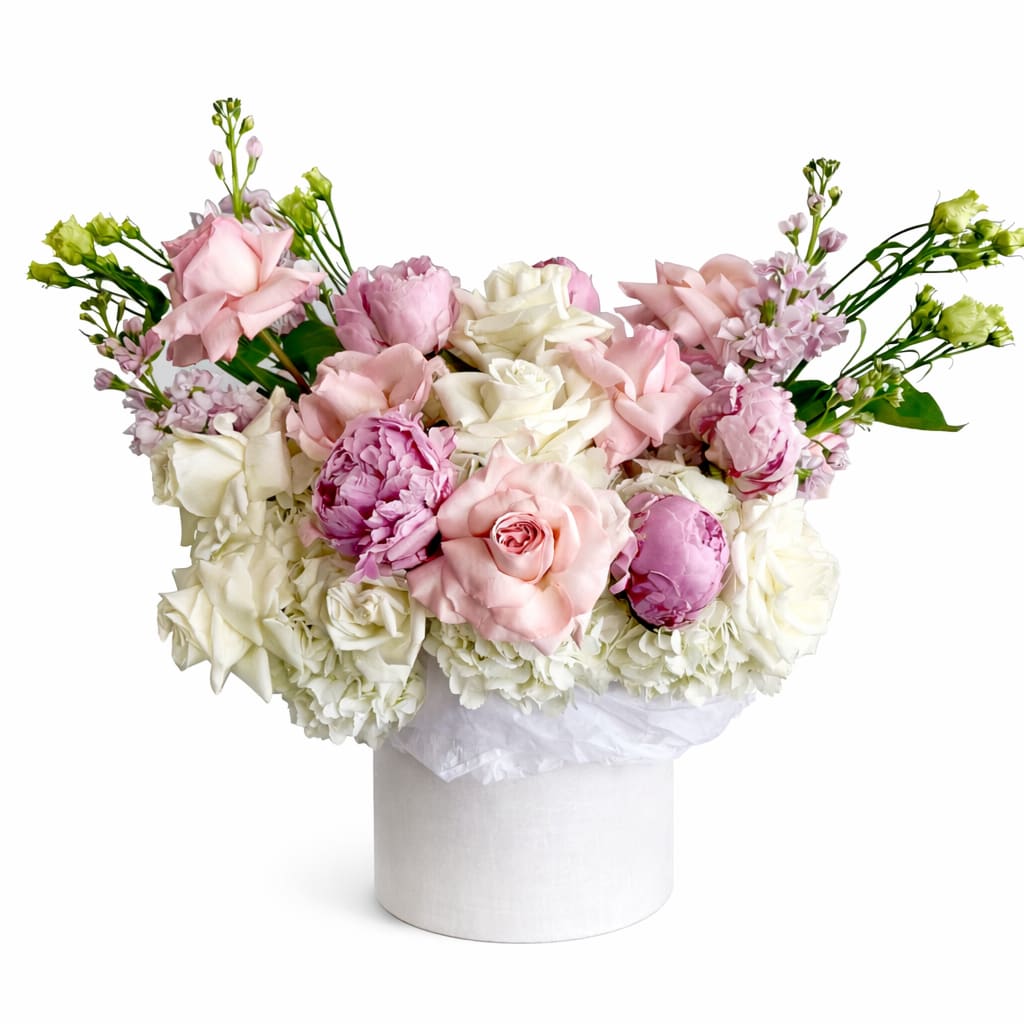 Blush Garden Hatbox - na composición suave y romántica en tonos blush, ivory y rosados empolvados. Este arreglo combina rosas premium, peonías abiertas y flores de acento delicadas, trabajadas en capas para lograr volumen, textura y movimiento natural.  Diseñado en nuestro característico hatbox cilíndrico de cartón, forrado internamente para preservar la frescura de las flores, este arreglo es ideal para quienes buscan un gesto elegante, luminoso y atemporal.  Cada pieza es creada a mano por nuestros diseñadores, cuidando proporciones y selección floral para un resultado refinado y armonioso. Perfecto para celebraciones especiales, aniversarios, nacimientos o simplemente para transformar un espacio con flores frescas y sofisticadas.  Las variedades pueden ajustarse según disponibilidad estacional, manteniendo siempre la paleta y el estilo del diseño.