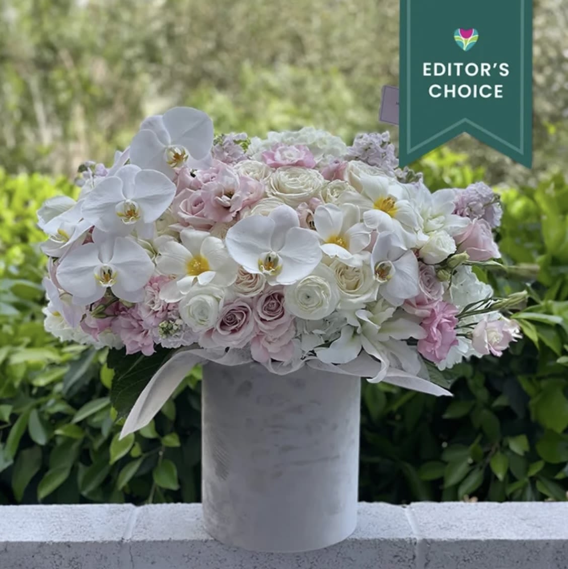 Orchids with flowers (Editor's Choice) - Gorgeouse pink sweet Eskimo roses mix with white garden roses,hydrangea, gorgeous lisianthus ,fragrant stock with white orchids in a grey velvet box! 