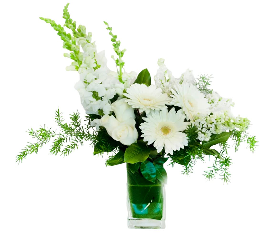 White and Green - Gerbera, snapdragon and roses and more designed in a tall rectangular vase. As shown in photo.