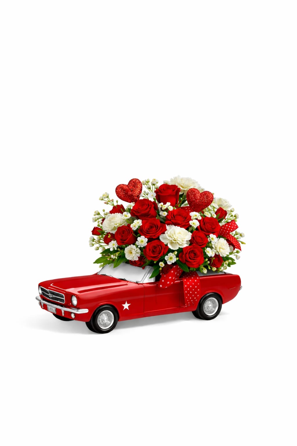 Cruisin’ With Love Bouquet - Take love for a spin this Valentine’s Day with our Cruisin’ With Love arrangement. Designed in a charming red Mustang keepsake, this sweet and stylish floral piece features classic red roses paired with soft white blooms, finished with playful Valentine heart accents and a festive ribbon detail.  Fun, romantic, and a little unexpected, Cruisin’ With Love is perfect for car lovers and anyone who appreciates a unique Valentine’s gift. When the flowers are gone, the keepsake Mustang keeps the love cruising on.