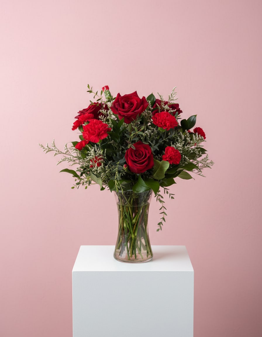 Classic Red Mix - A traditional arrangement of red roses, red carnations, and fresh greens.