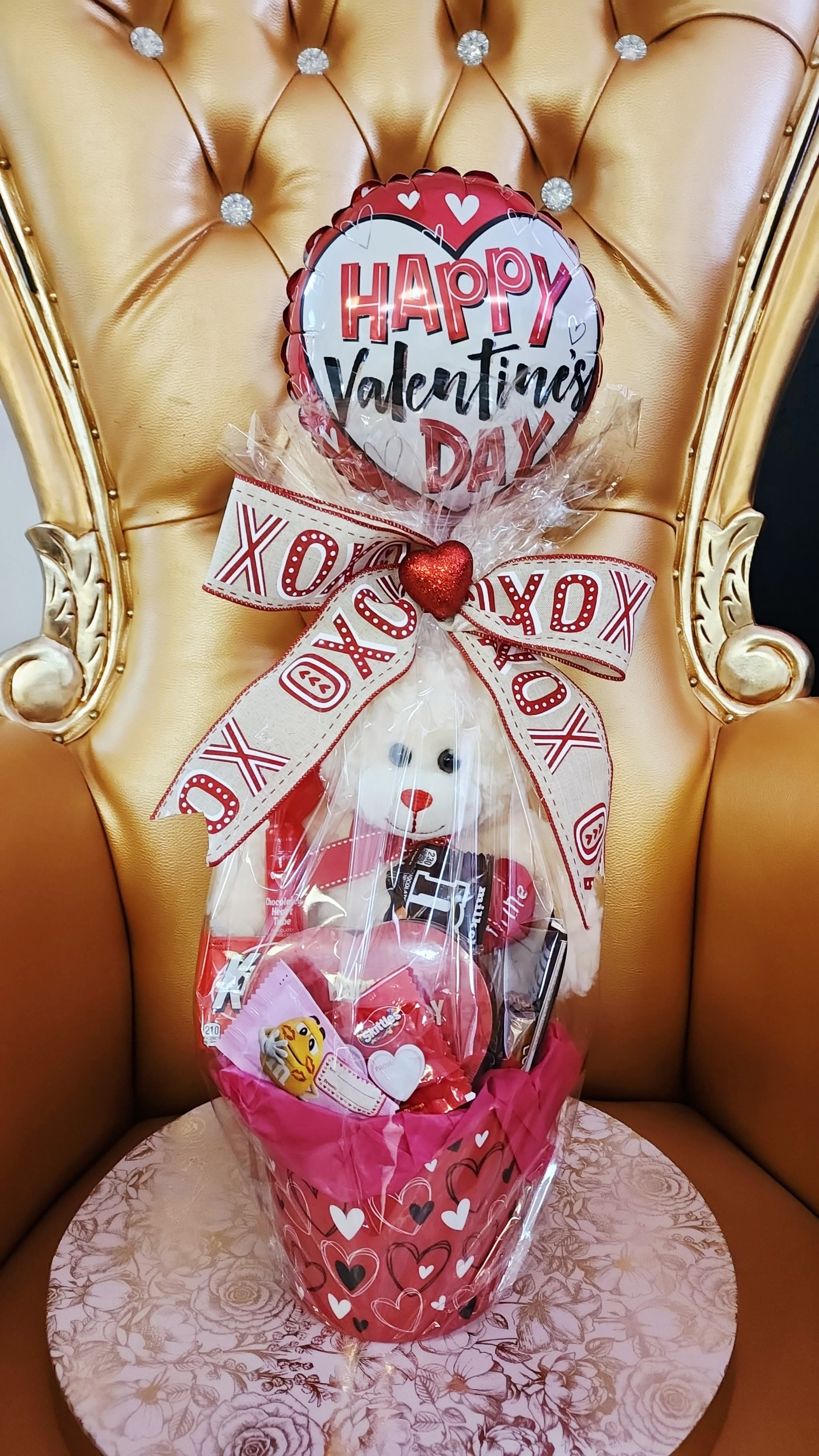 Round candy snack bucket with goodies - 10" round candy snack bucket with goodies, 12"bear, &amp; balloon