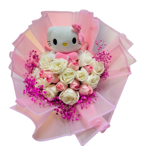 HELLO KITTY HEART BOUQUET - Contains 1 Hello Kitty plush (THE PLUSHIE WILL VARY) 25 Roses Baby Breath  Pink Paper