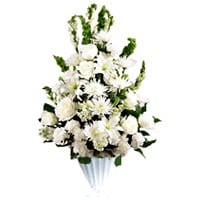 Pure White Heaven Basket - When you don't know quite what to say to express your grief to those who have been left behind by a loved one, let flowers say the words for you. Our Pure White Heaven Basket is presented in an elegant all white design with a touch of green. Luxurious White Roses blend with white Crystal Blanca Lilies, Chrysanthemums, Carnations, Snapdragons, and Bells of Ireland.   This one-sided design is suitable to send to a residence, a funeral home or service. Standard size is approximately 28" (W) x 38" (H). Deluxe and Premium versions are a bit larger and have more premium blooms.