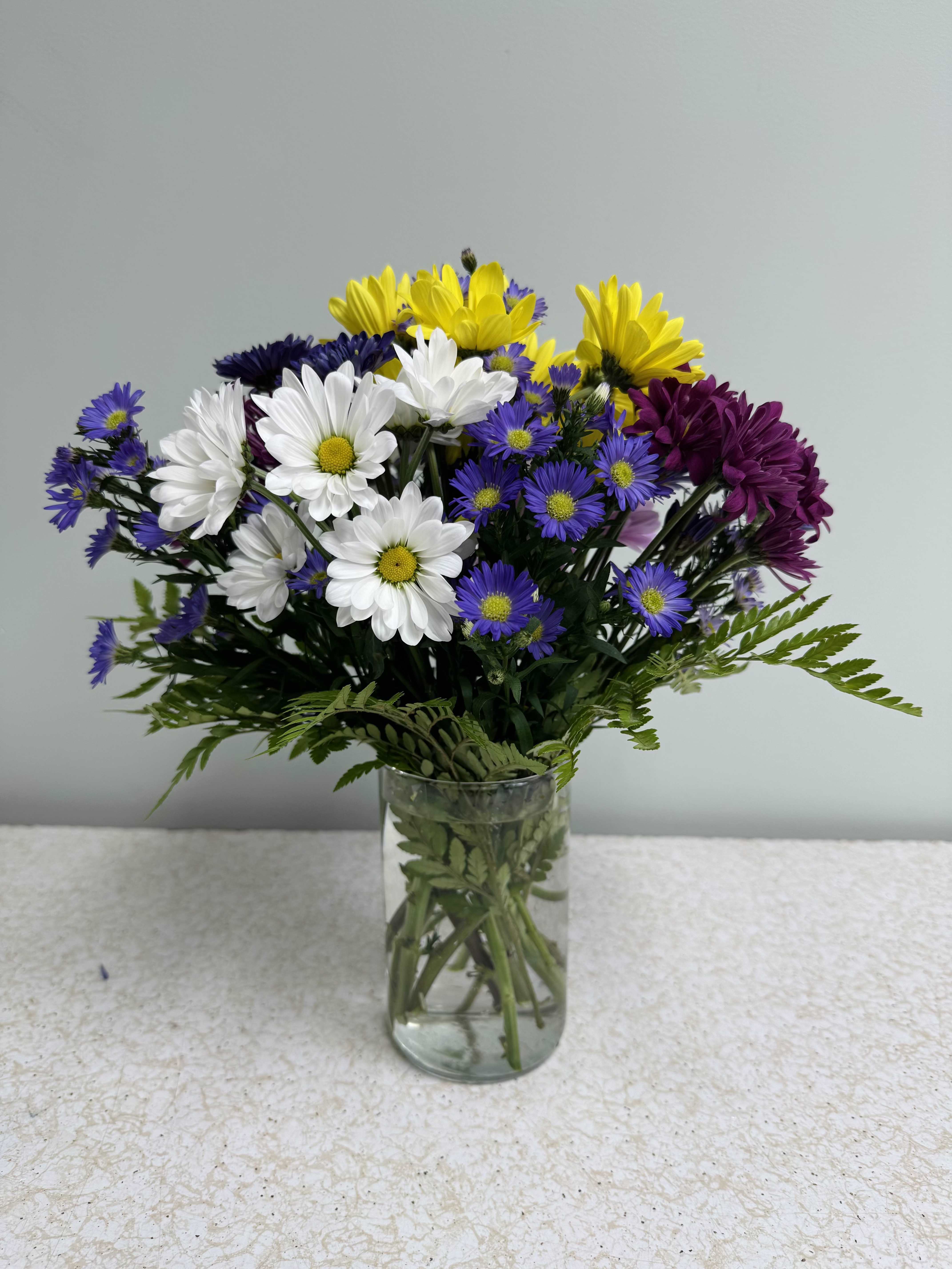 Dreaming of Daisies - A cheerful mix of colored daisies, accented with monte. Perfect for a smaller arrangement with big smile punch.