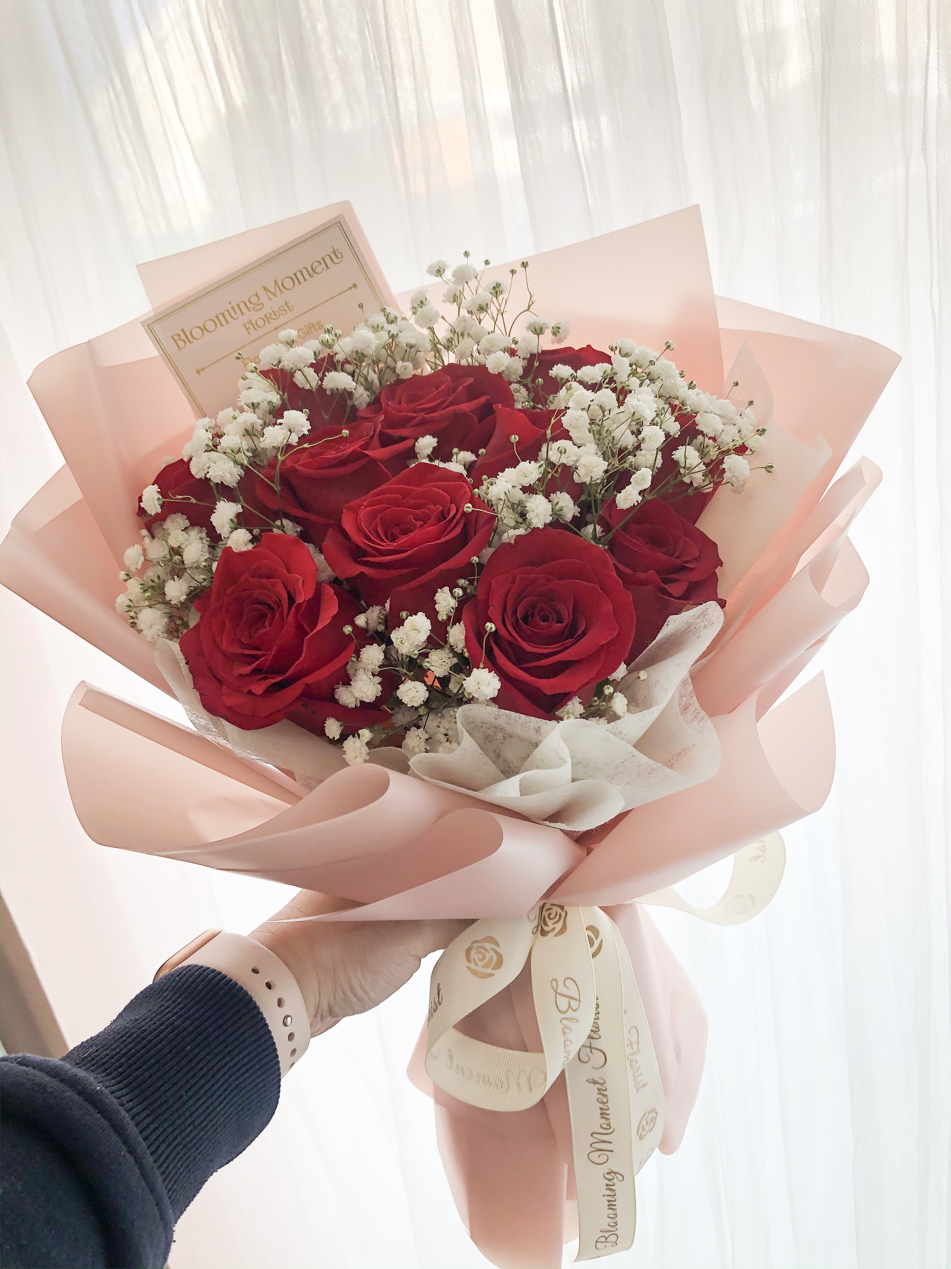 [FRESH FLOWER] For my girl red rose bouquet - use of 60cm Grade Red roses with baby breath and wrapped with blush pink/ dusty pink floral paper.