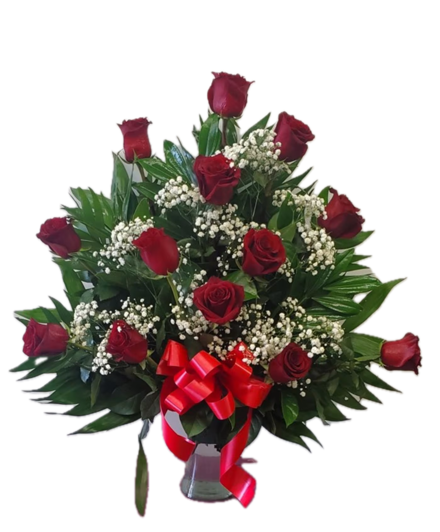 12 RED ROSES ONE SIDE  - 12 RED ROSES WITH BABY BREATH (NO VASE) ONE SIDE ONLY 