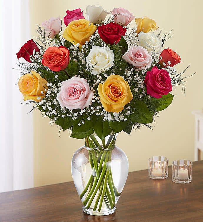 DOZEN LONG STEM RAINBOW ROSES - Picked fresh from the farm to offer your special recipient a bouquet that brings brilliant color to any of life's special occasions, our Mixed Rose Bouquet will delight your special recipient with each fragrant bloom. Hand gathered in select floral farms and boasting an array of bright hues, this flower arrangement has been picked fresh for you to help you celebrate a birthday, anniversary, or express your thank you wishes.