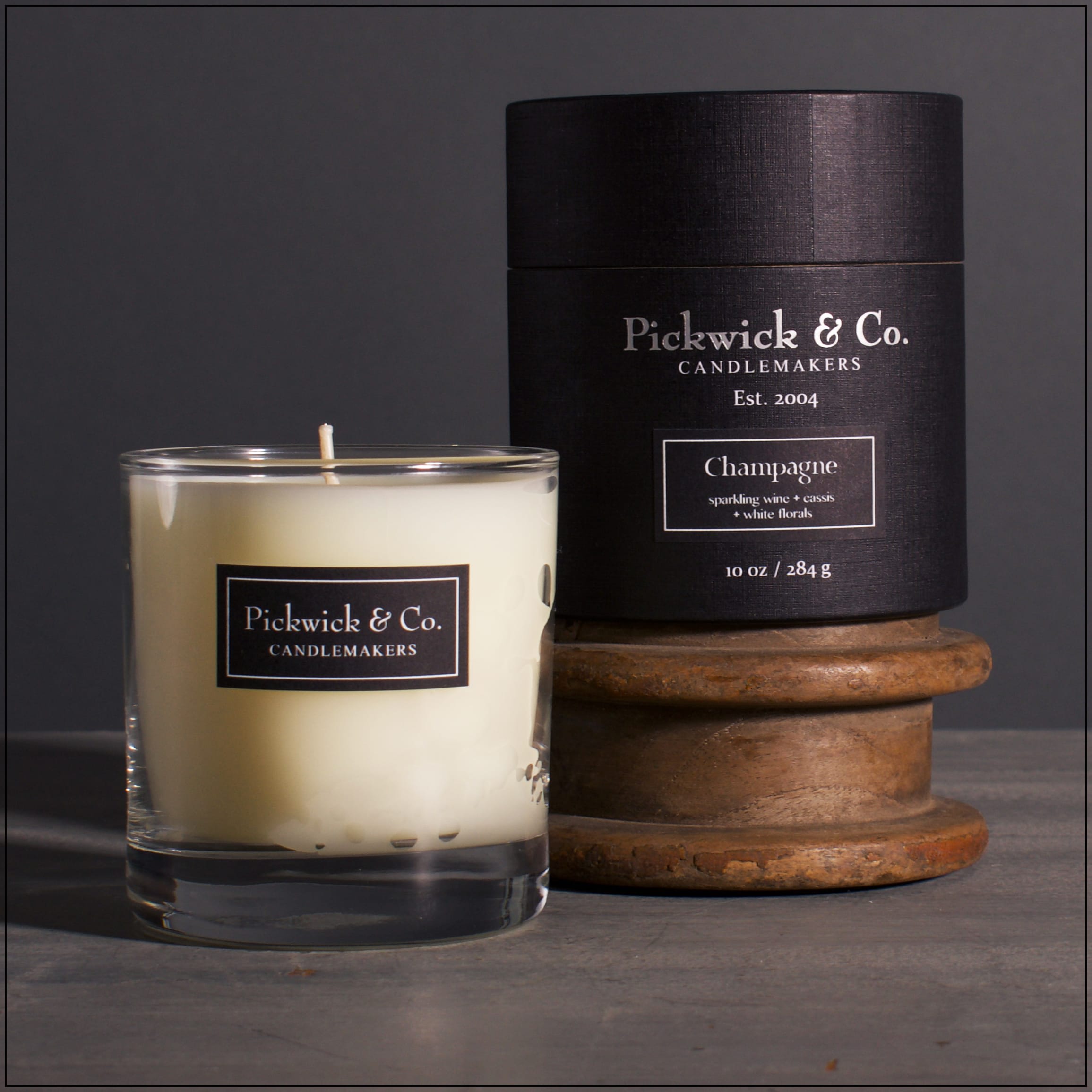 Pickwick Candles- Champagne - sparkling wine + cassis + white florals 10 oz Jar Candle. Local Company.