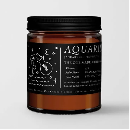 Zodiac / Birthday Candle I Aquarius (Jan. 21 - Feb. 19) - Zodiac candles are the perfect gift all year round. These Zodiac candles feature a unique scent for each element group.  The Scents 1. Fire Signs (Aries, Leo, Sagittarius): A mix of strong and seductive aromas, passionate dark plum is paired with inspiring sea salt and elements of bold, musky amber.  2. Earth Signs (Taurus, Virgo, Capricorn): Uplifting notes of fresh greens with mossy wood, rosemary and eucalyptus. 3. Air (Gemini, Libra, Aquarius): Appealing blend of tart currant with sweet lemon peel and spicy geranium, juniper and peppermint.  4. Water (Cancer, Scorpio, Pisces): Sensual notes of sea minerals of balanced with alluring light musk and amber.  Expect the best. We hand-pour every candle in our California studio and strictly use the finest quality ingredients. The result is a Premium Scented Candle that burns cleaner, longer and stronger, for truly room filling aromas.  Natural Coconut-Apricot Wax Blend Aroma Oils that are free from carcinogens, reproductive toxins  Details  •  Made in United States •  Dimensions: 2.9" w x 3.5" h