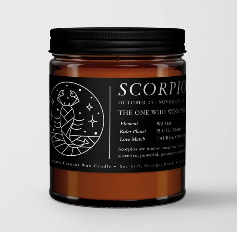 Zodiac / Birthday Candle I Scorpio (Oct. 23 - Nov. 21) - Zodiac candles are the perfect gift all year round. These Zodiac candles feature a unique scent for each element group.  The Scents 1. Fire Signs (Aries, Leo, Sagittarius): A mix of strong and seductive aromas, passionate dark plum is paired with inspiring sea salt and elements of bold, musky amber.  2. Earth Signs (Taurus, Virgo, Capricorn): Uplifting notes of fresh greens with mossy wood, rosemary and eucalyptus. 3. Air (Gemini, Libra, Aquarius): Appealing blend of tart currant with sweet lemon peel and spicy geranium, juniper and peppermint.  4. Water (Cancer, Scorpio, Pisces): Sensual notes of sea minerals of balanced with alluring light musk and amber.  Expect the best. We hand-pour every candle in our California studio and strictly use the finest quality ingredients. The result is a Premium Scented Candle that burns cleaner, longer and stronger, for truly room filling aromas.  Natural Coconut-Apricot Wax Blend Aroma Oils that are free from carcinogens, reproductive toxins  Details  •  Made in United States •  Dimensions: 2.9" w x 3.5" h