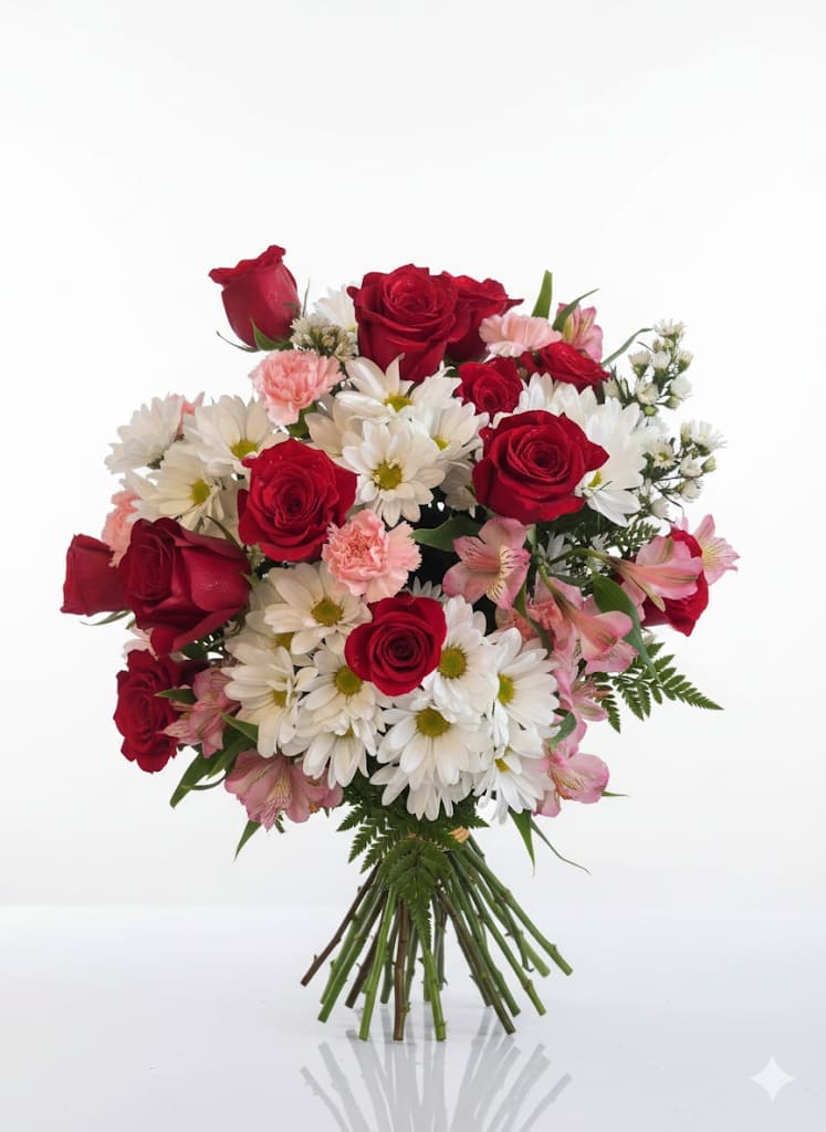 Classic Love &amp; Daisy Delight - Express your affection with the Classic Love &amp; Daisy Delight bouquet from Flowers on the Vine, a timeless arrangement perfect for flower delivery in Willoughby, OH. This beautiful bouquet combines passionate red roses with cheerful white daisies, soft pink carnations, and delicate pink alstroemeria, creating a truly charming and heartfelt gift. Every bloom is carefully selected by our Willoughby Florist to ensure a vibrant and lasting impression.  Whether celebrating an anniversary, expressing love, or simply brightening someone's day, this bouquet speaks volumes. The classic red and white palette is elegantly accented with soft pinks, making it suitable for a variety of occasions and recipients.  Trust Flowers on the Vine for expertly arranged floral gifts and reliable flower delivery in Willoughby, OH, ensuring your message of love and joy arrives fresh and beautifully presented.