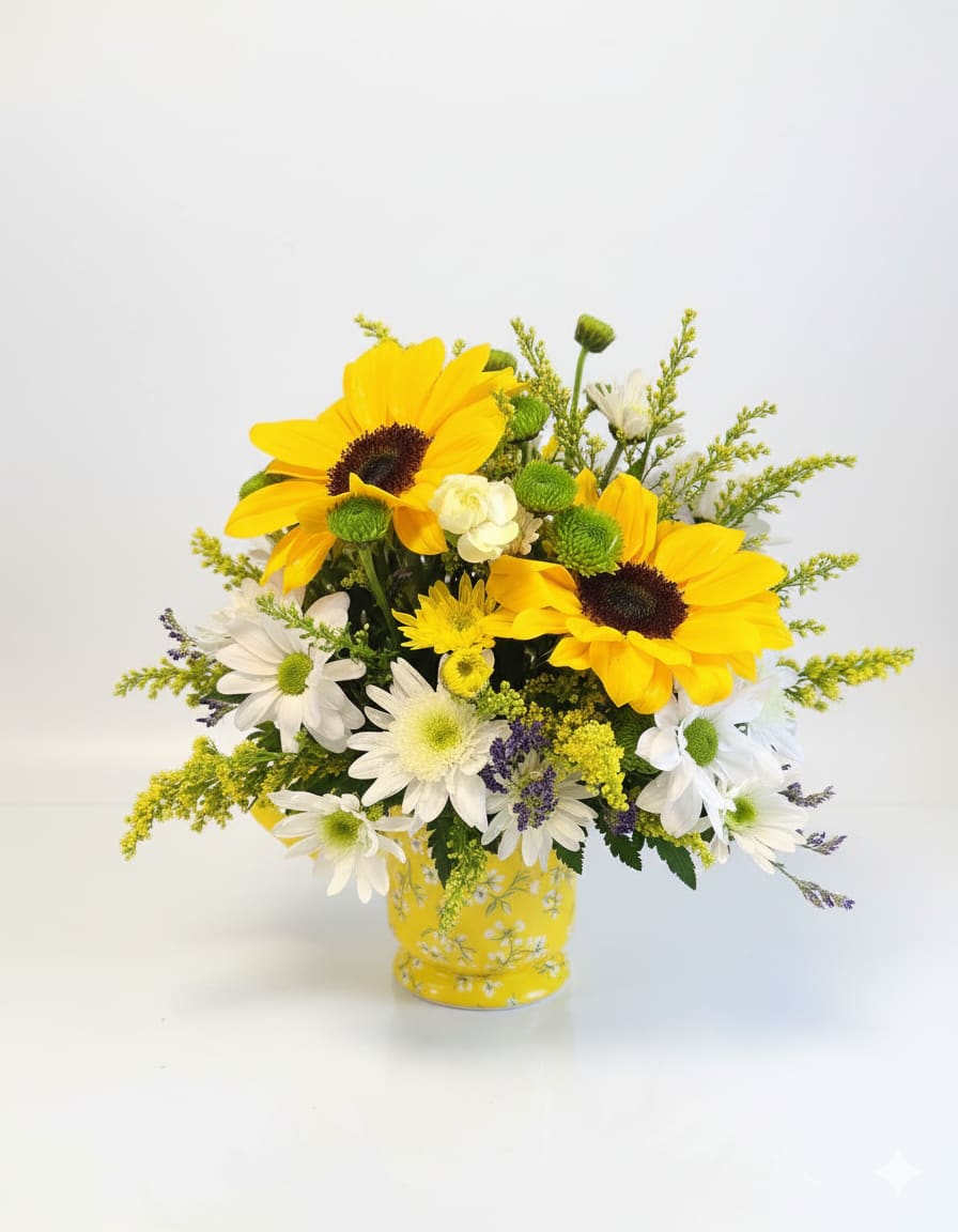 Sunny Day Arrangement - Brighten any space with the Sunny Day Arrangement from Flowers on the Vine, a cheerful burst of sunflowers and white daisies, perfect for flower delivery in Willoughby, OH. This delightful bouquet, accented with vibrant green button mums and delicate solidago, brings a touch of sunshine to any occasion. Our Willoughby Florist carefully selects each bloom to create an uplifting and heartwarming display.  Whether you're celebrating a birthday, sending get-well wishes, or simply wanting to spread joy, this arrangement is an ideal choice. The radiant yellow and crisp white flowers create a refreshing and optimistic feel, guaranteed to make someone smile.  Choose Flowers on the Vine for beautifully crafted floral gifts and reliable flower delivery in Willoughby, OH, ensuring your thoughtful gesture arrives fresh and full of cheer.