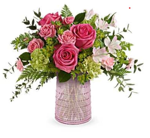 Sparkling Joy Bouquet - Bouquet-hot pink roses, pink spray roses, light pink alstroemeria, green carnations, pink miniature carnations, bupleurum, leatherleaf fern, and parvifolia eucalyptus-artfully arranged in the food-safe pink glass carafe with elegant beaded details, a cherished gift for Mom.  