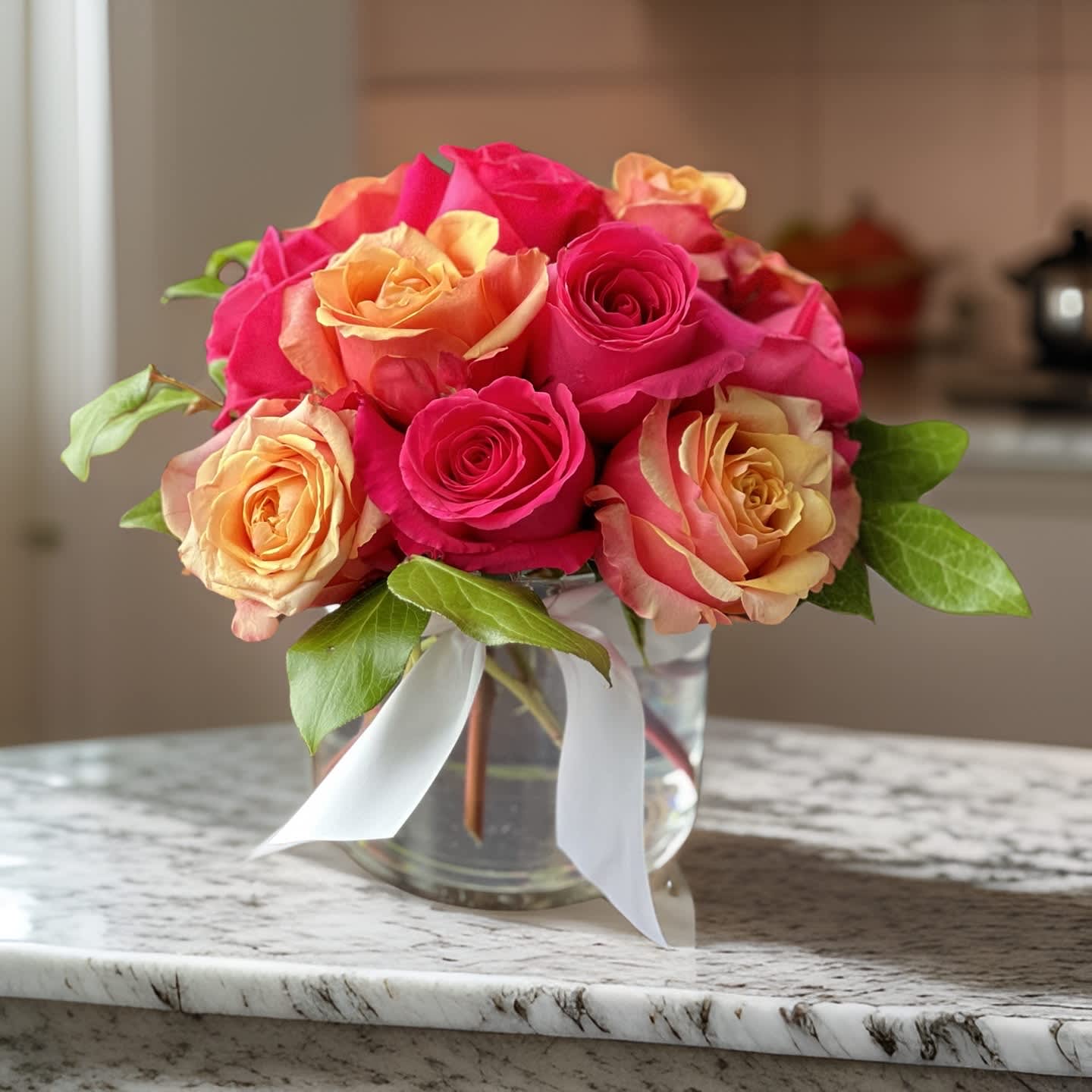Soleil Bouquet - Bright and warm. A dozen stunning roses in fuchsia, warm yellow and sunset orange. Eye-catching and gorgeous! Brighten someone's day the this beautiful bouquet!