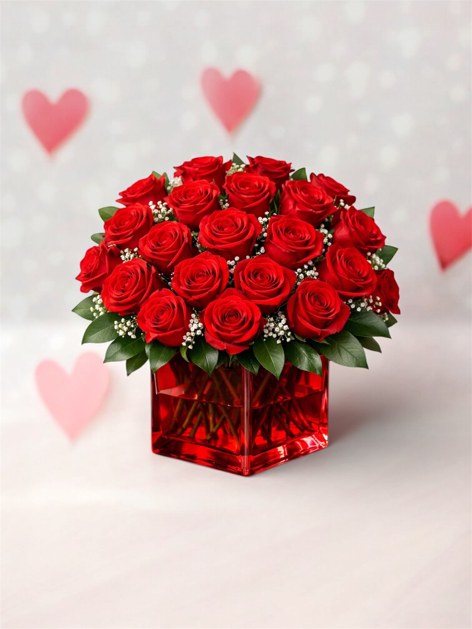 Red True Love ️  - Premium 24 red roses with baby breath in red cube