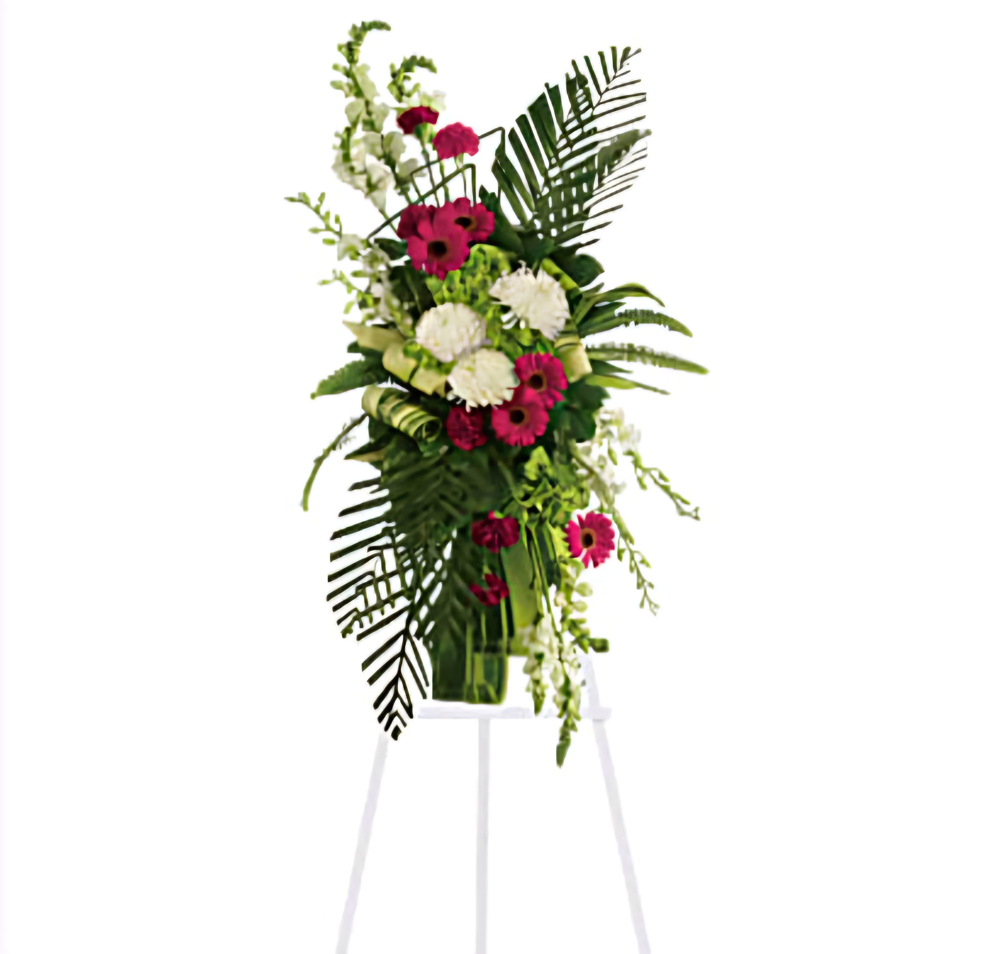 Pretty funeral standing spray - Offer a beautiful farewell with our Pretty Funeral Standing Spray, featuring a delicate blend of vibrant blooms that bring grace and solace to moments of remembrance.
