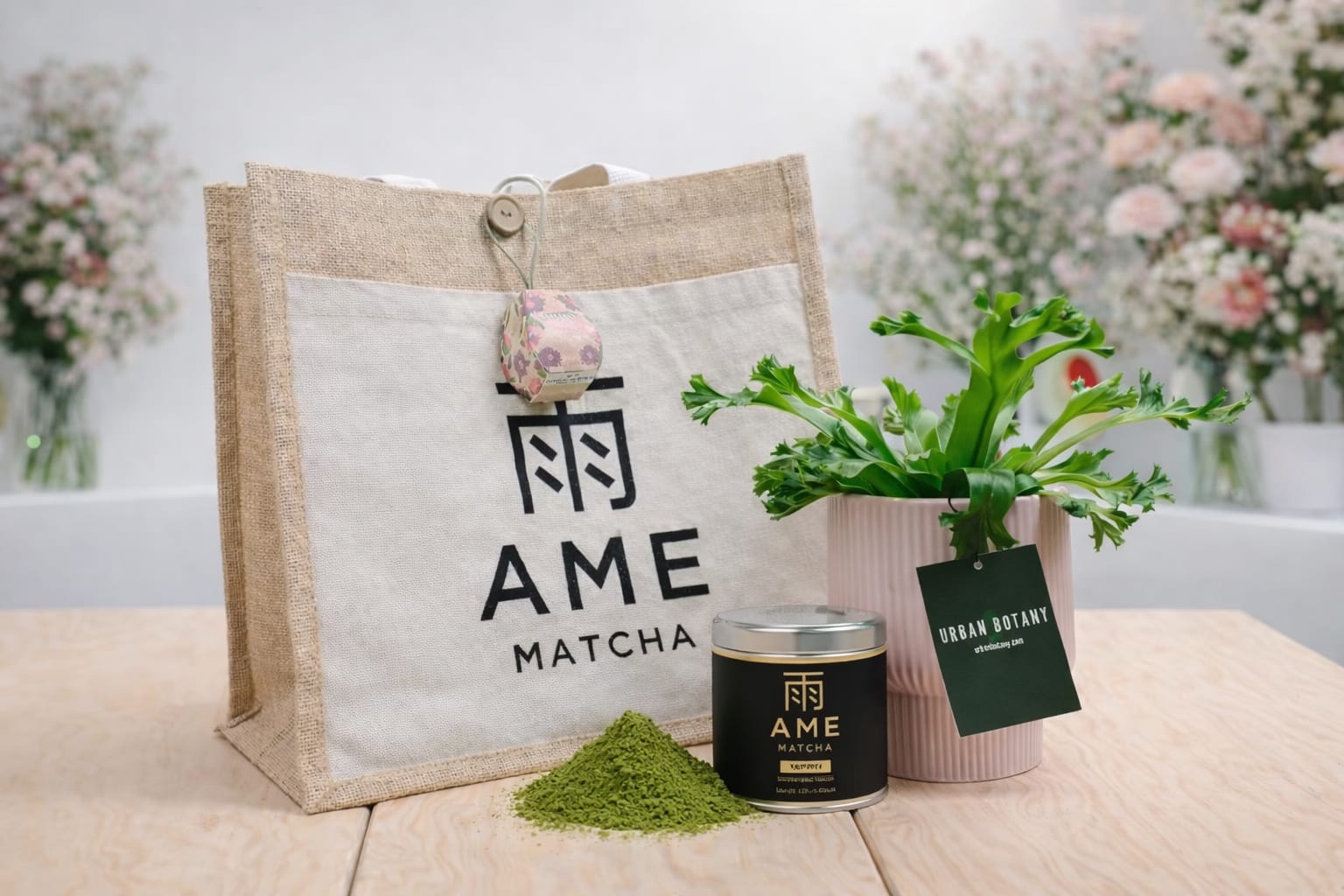 The Ritual Gift Bundle - A thoughtfully curated collaboration between FloretCo, Urban Botany, and AME Matcha, this bundle brings together beauty, wellness, and everyday ritual in one elevated gift. Designed to feel intentional yet effortless, the Ritual Gift Bundle pairs a living plant with ceremonial-grade matcha, perfect for moments of calm, connection, and mindful refreshment. Whether for a birthday, housewarming, thank-you, or self-care moment, this set is as meaningful as it is beautiful.  What’s included:  Dazzling Assorted Plant in Pink Self-Watering Pot A sculptural, modern plant in a ribbed pink planter, standing approximately 16" tall. The self-watering design makes care simple while keeping the plant thriving. Plant variety may vary by season, ensuring the freshest and most vibrant option available.  Seed Packet Gift Tag  A beautifully designed hang-tag that doubles as a seed packet, offering a charming, plant-forward keepsake that your recipient can actually grow.  Yameka Ceremonial Matcha by AME Shade-grown in Yame, Japan, and stone-milled into a vibrant green powder. This matcha delivers a smooth, mellow umami flavor with low bitterness—perfect for traditional whisking or creamy lattes. Naturally rich in caffeine and antioxidants, it supports both ritual and daily routine.  AME Canvas Tote Bag (Gift Packaging Included) A minimalist, reusable tote that doubles as stylish gift packaging—making this bundle ready to give as-is.