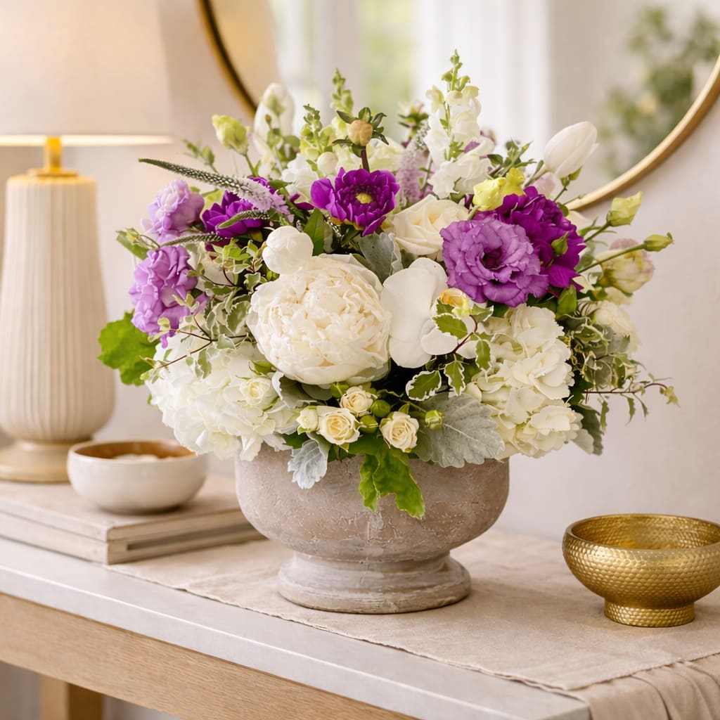 Mia  - The Mia Arrangement comes in a stunning masonry pedestal container, adding an extra touch of elegance to an already exquisite masterpiece. It's like housing a fairytale in a chic, contemporary setting.   But enough about the details, let's talk about the effect Mia will have on your special someone. When they receive this enchanting bouquet, their heart will melt like butter on a hot summer's day. They'll be captivated by its delicate charm, and won't be able to resist getting lost in its petals. 